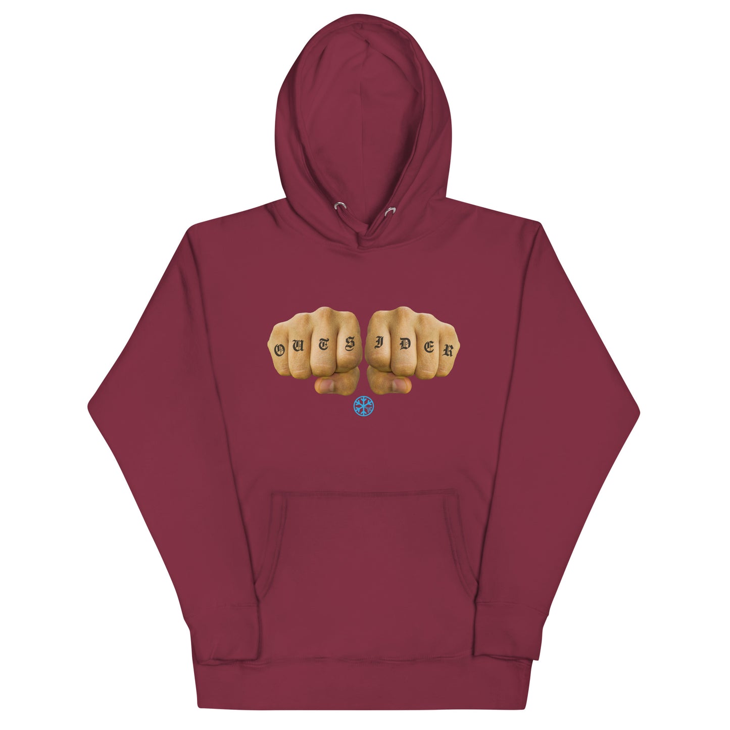 Maroon-Outsider Tattoo Hoodie from B.Different Clothing, front view, graffiti-inspired streetwear