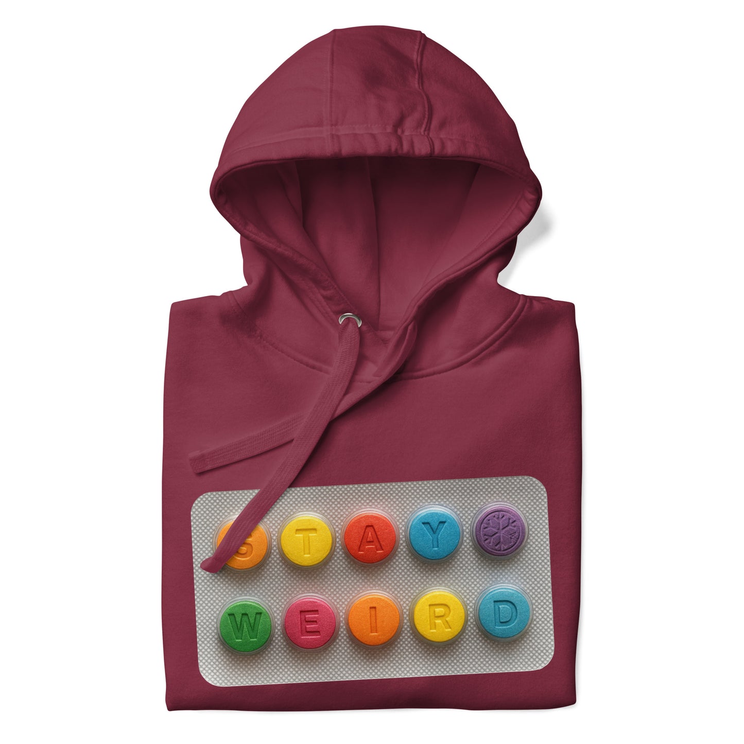 Maroon-Stay Weird Pills Hoodie from B.Different Clothing, folded, graffiti-inspired streetwear