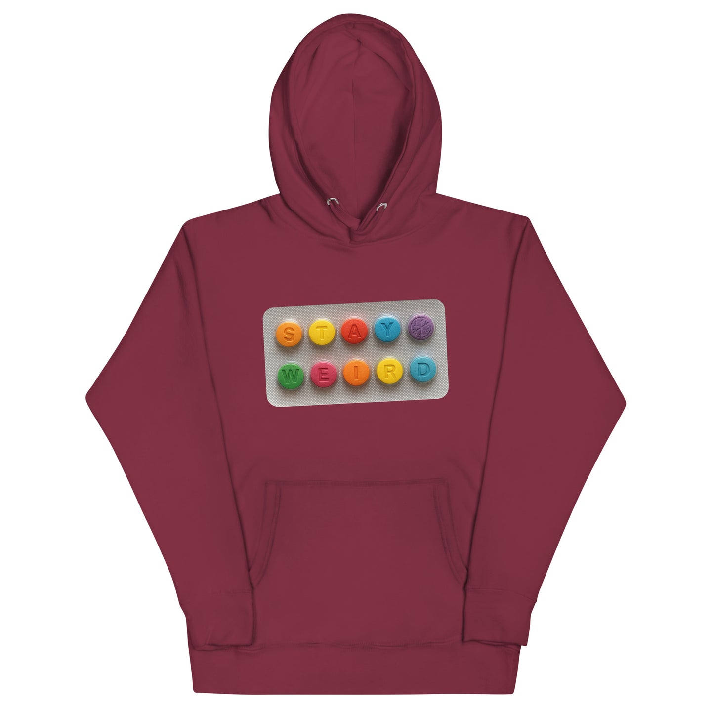 Maroon-Stay Weird Pills Hoodie from B.Different Clothing, front view, graffiti-inspired streetwear