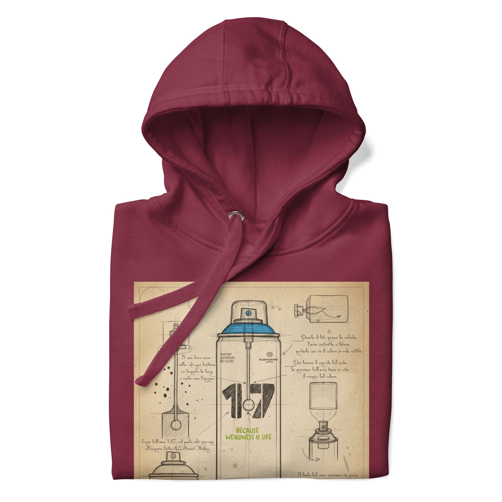 Maroon-Spray Can Sketch Graffiti Hoodie from B.Different Clothing, folded, graffiti-inspired streetwear