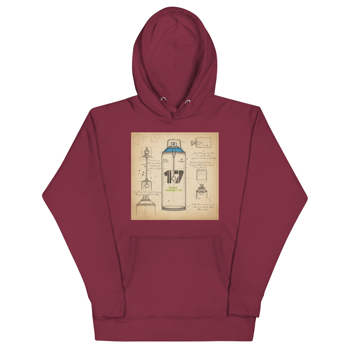 Maroon-Spray Can Sketch Graffiti Hoodie from B.Different Clothing, front view, graffiti-inspired streetwear