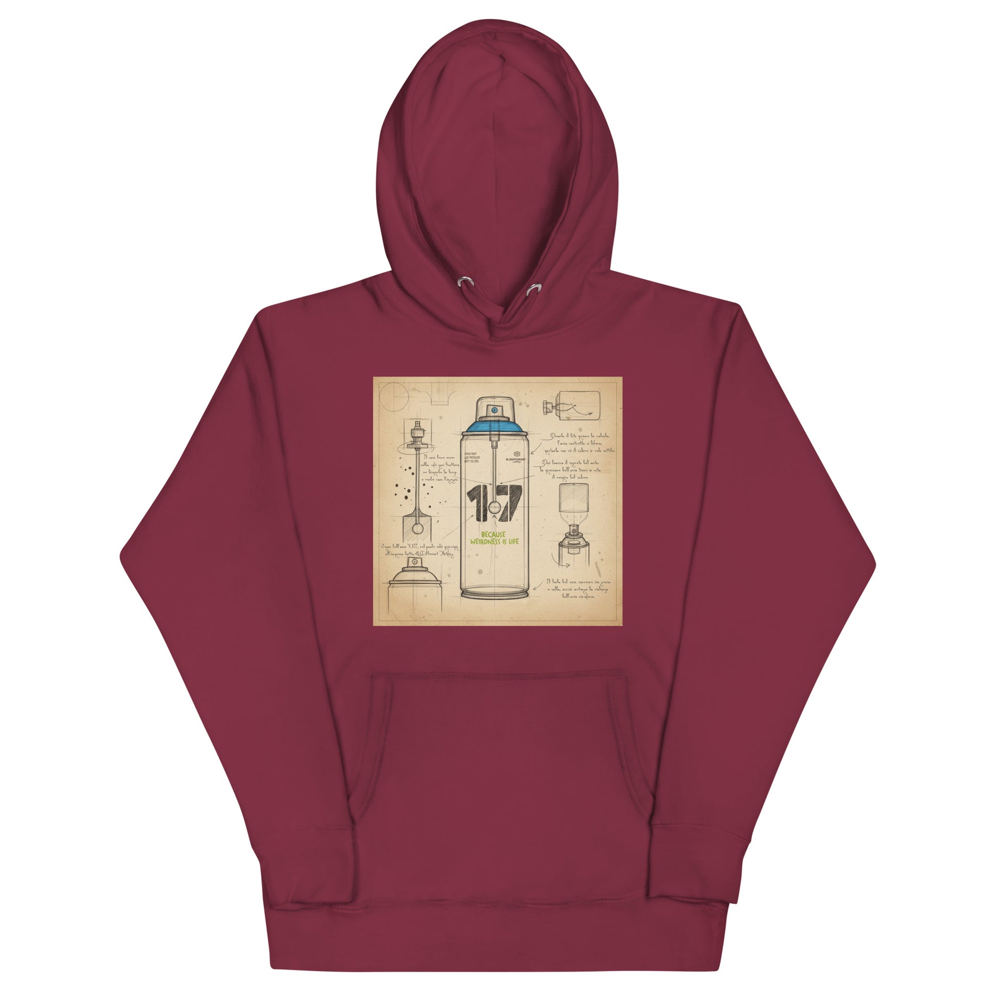 Maroon-Spray Can Sketch Graffiti Hoodie from B.Different Clothing, front view, graffiti-inspired streetwear