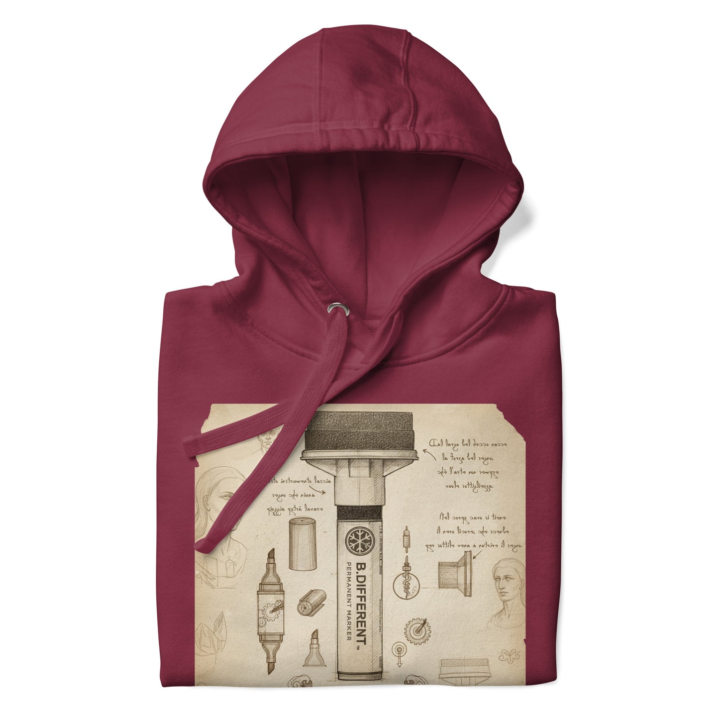 Maroon-Marker Sketch Graffiti Hoodie from B.Different Clothing, folded, graffiti-inspired streetwear