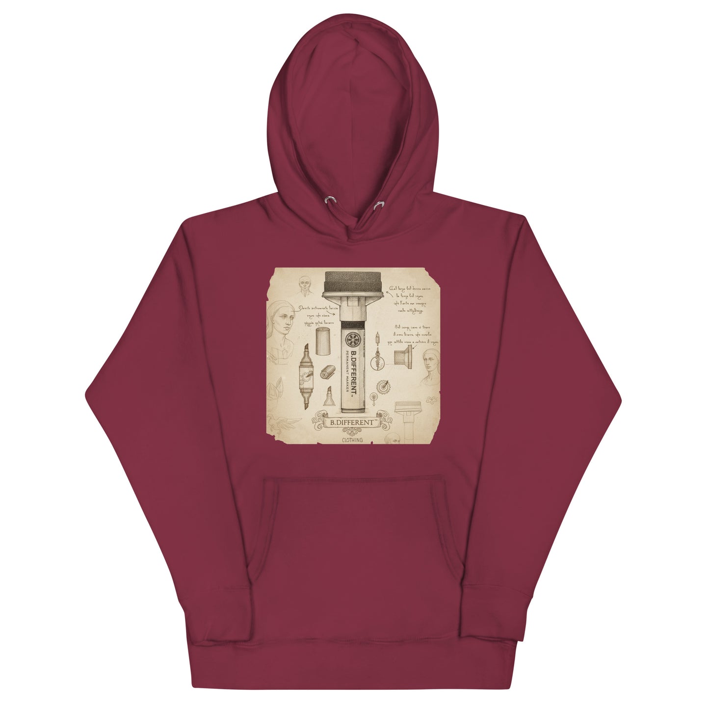 Maroon-Marker Sketch Graffiti Hoodie from B.Different Clothing, front view, graffiti-inspired streetwear
