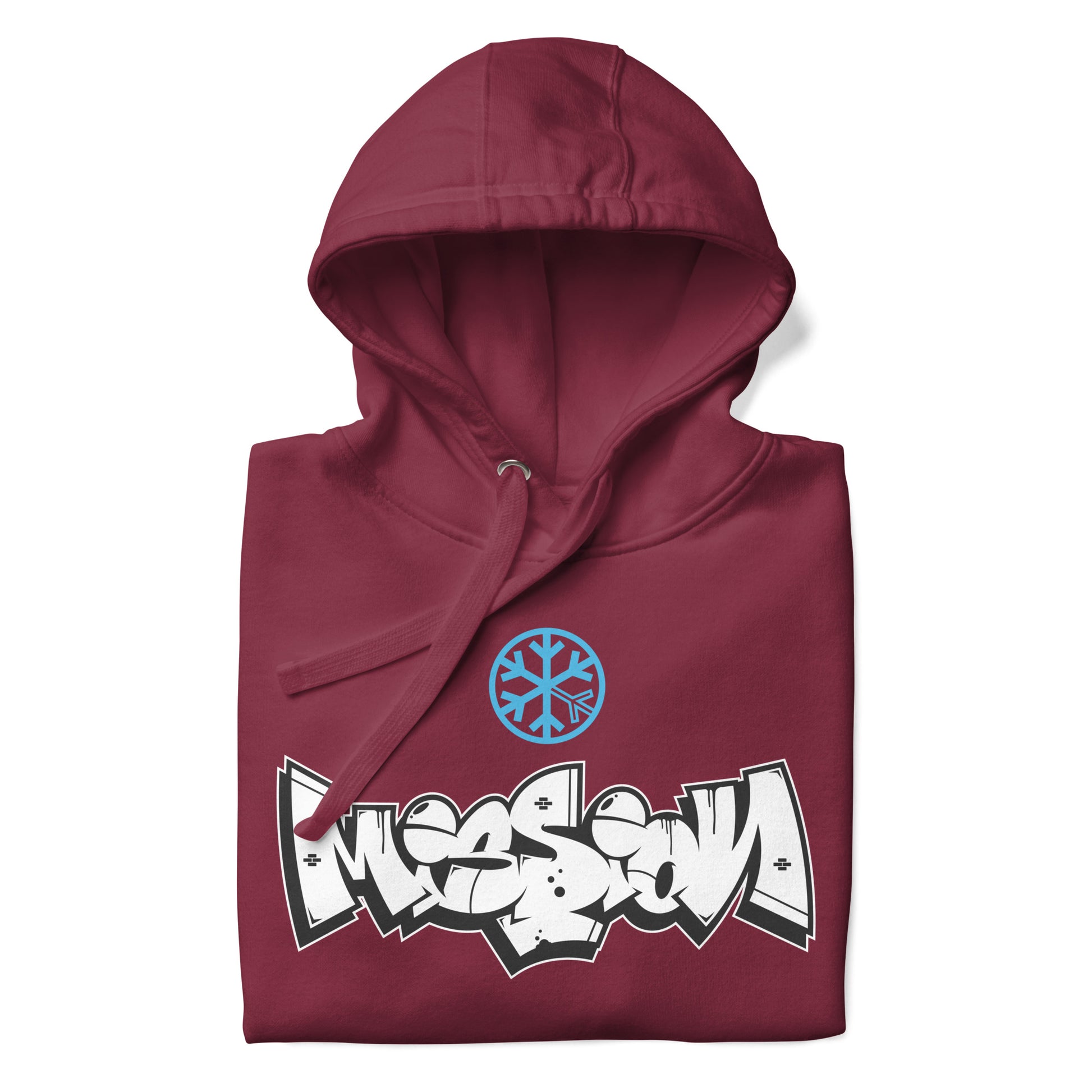 Maroon-Mission Graffiti Piece Hoodie from B.Different Clothing, folded, graffiti-inspired streetwear