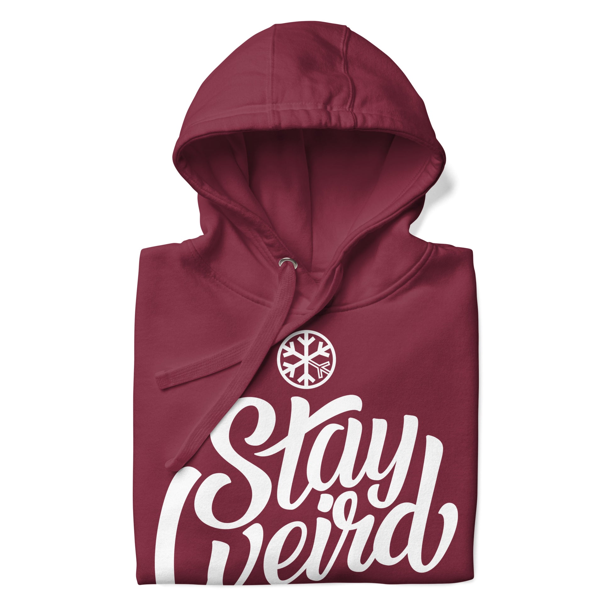 Maroon-Stay Weird Hoodie from B.Different Clothing, folded, graffiti-inspired streetwear