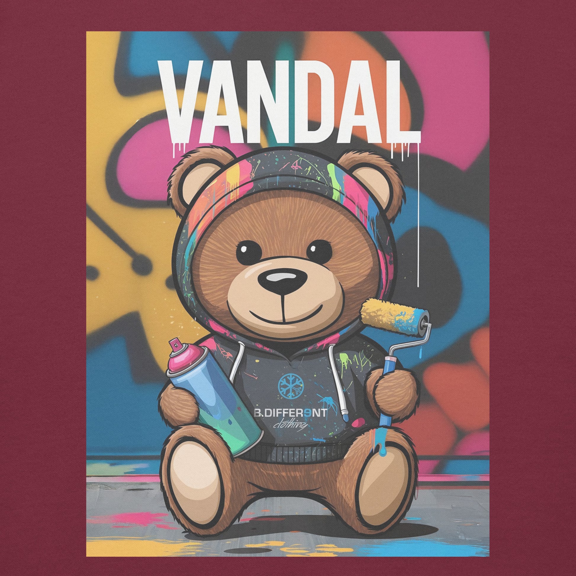 Maroon-Vandal Teddy Bear Graffiti Hoodie from B.Different Clothing, graphic, graffiti-inspired streetwear