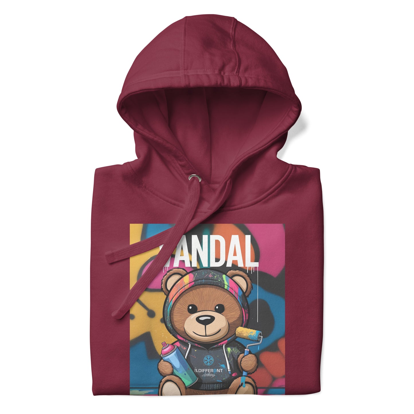 Maroon-Vandal Teddy Bear Graffiti Hoodie from B.Different Clothing, folded, graffiti-inspired streetwear