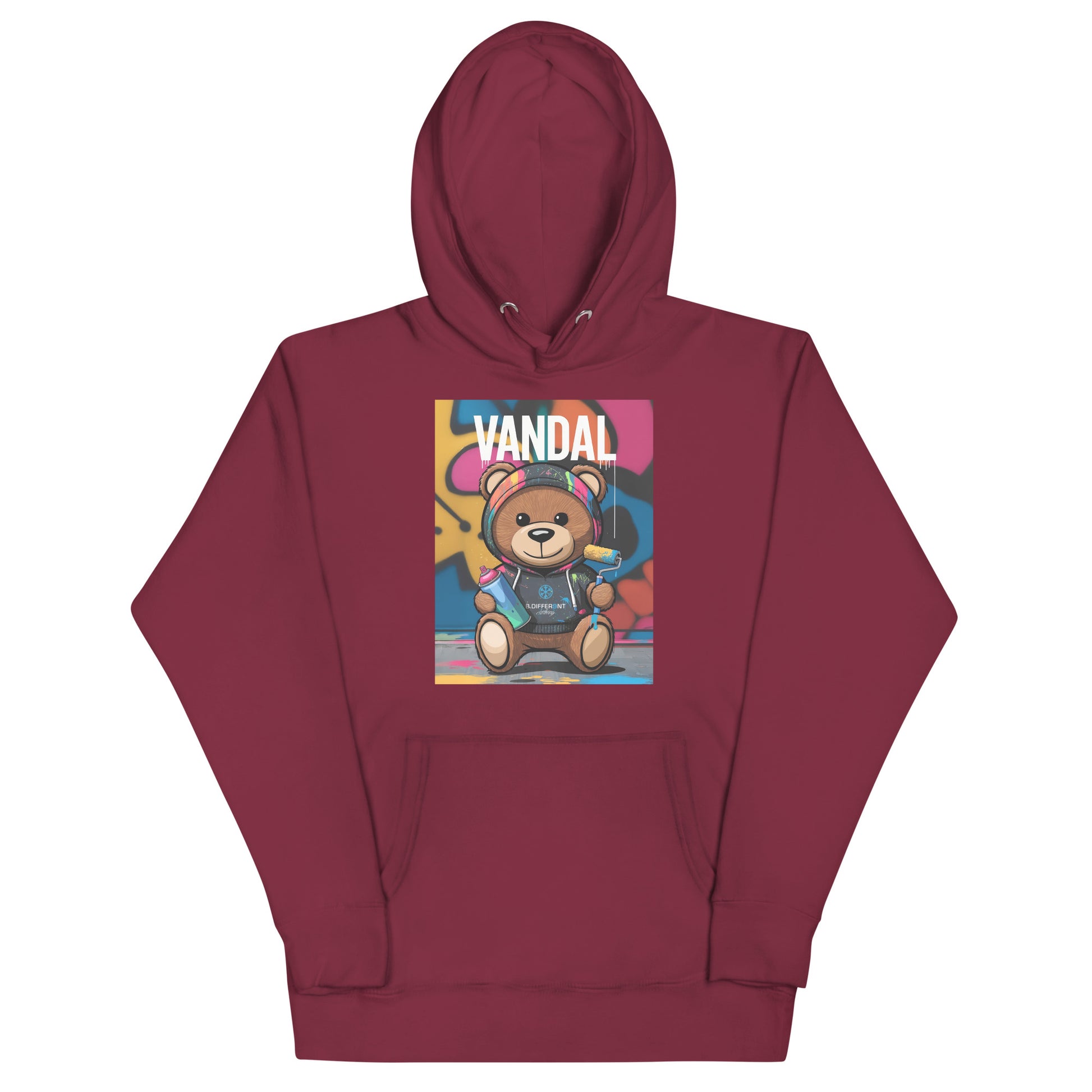 Maroon-Vandal Teddy Bear Graffiti Hoodie from B.Different Clothing, front view, graffiti-inspired streetwear