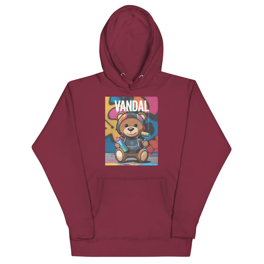 Maroon-Vandal Teddy Bear Graffiti Hoodie from B.Different Clothing, front view, graffiti-inspired streetwear