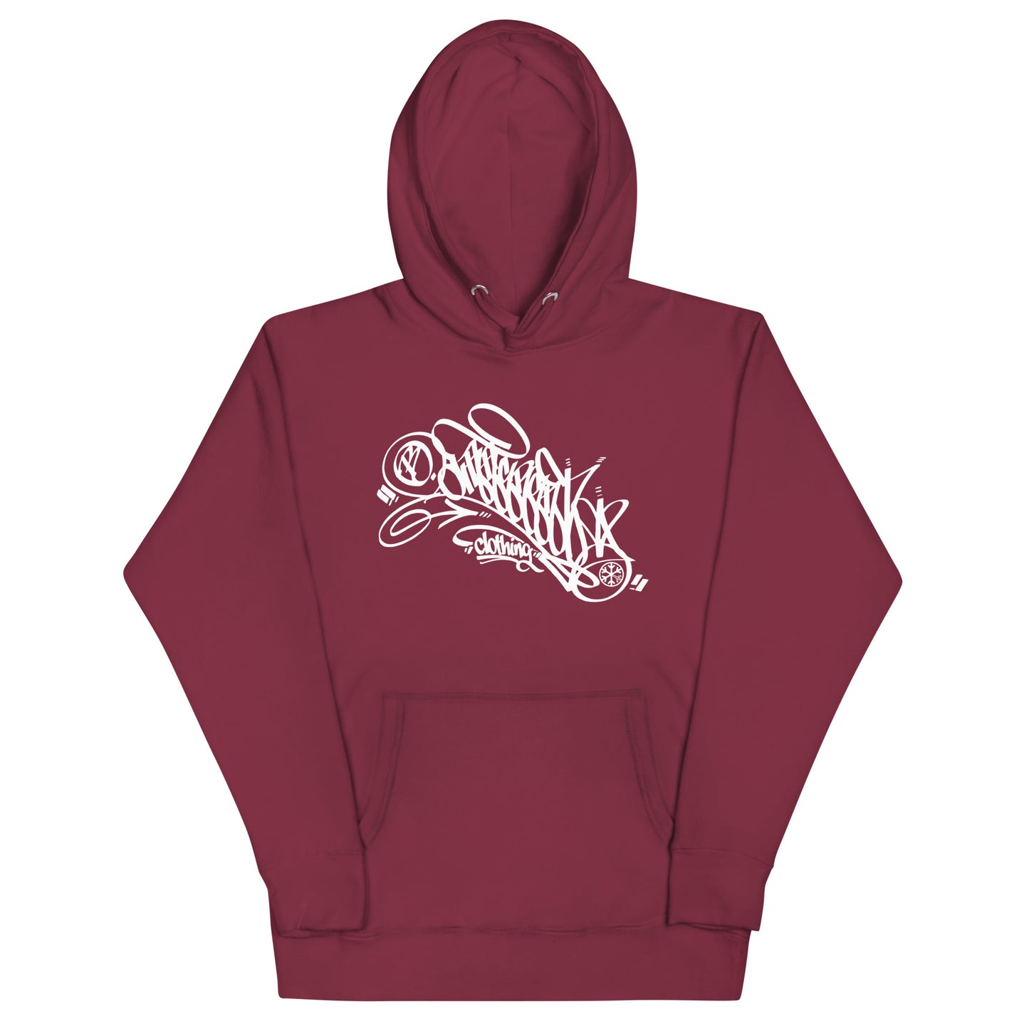 Maroon-B.Different Clothing Graffiti Tag Hoodie from B.Different Clothing, front view, graffiti-inspired streetwear