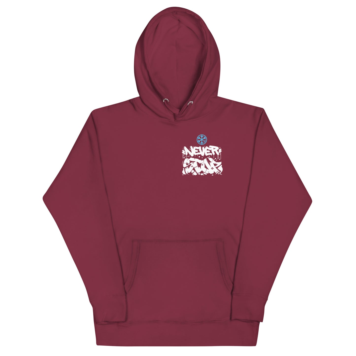 Maroon-Never Stop Graffiti Character Hoodie from B.Different Clothing, front view, graffiti-inspired streetwear