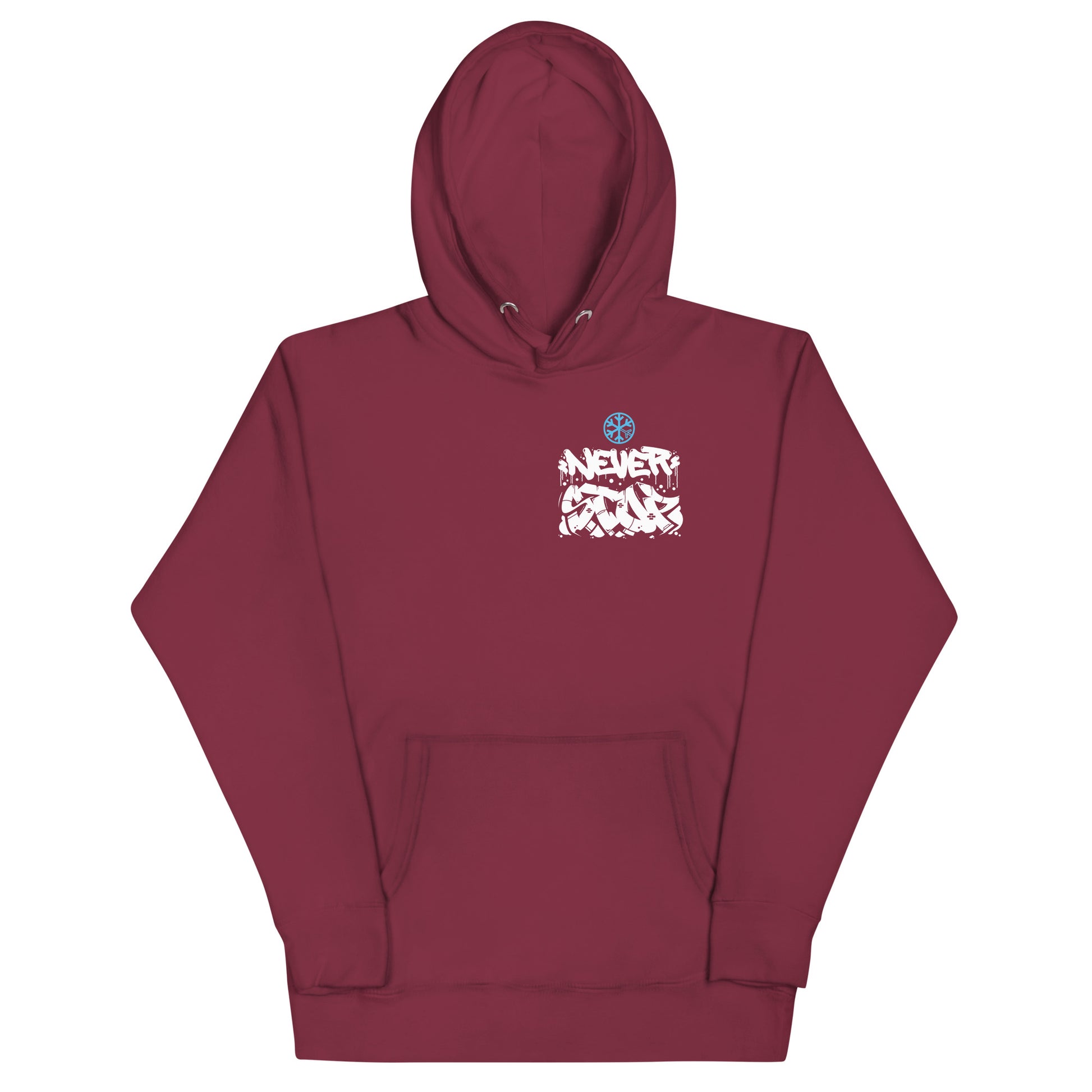 Maroon-Never Stop Graffiti Character Hoodie from B.Different Clothing, front view, graffiti-inspired streetwear
