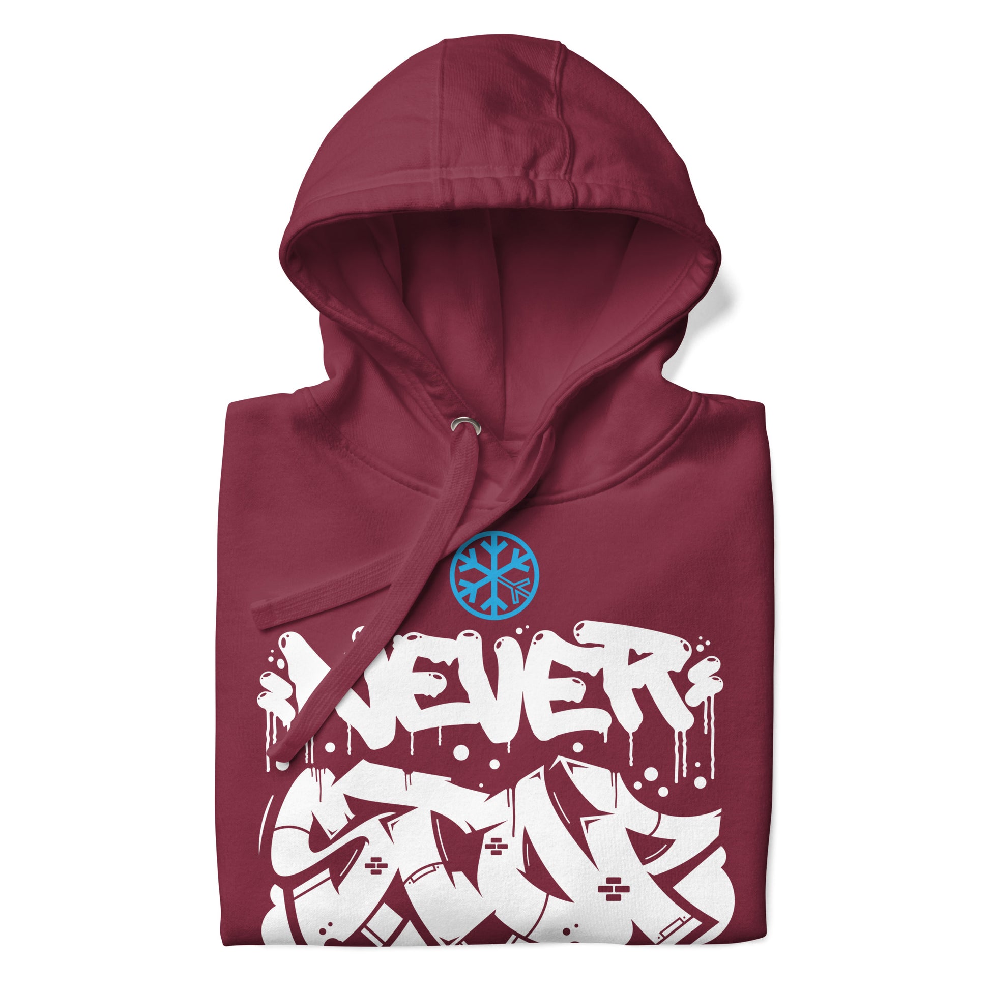 Maroon-Never Stop Graffiti Piece Hoodie from B.Different Clothing, folded, graffiti-inspired streetwear