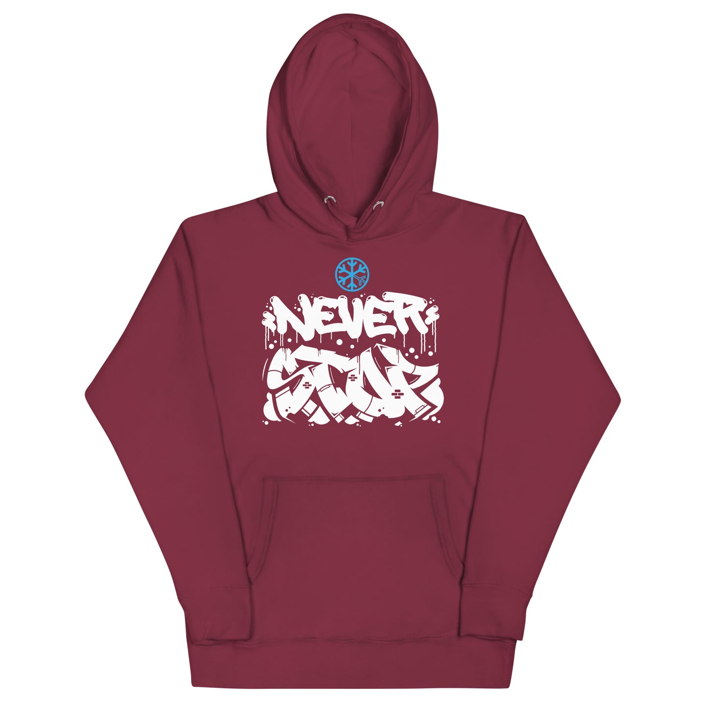 Maroon-Never Stop Graffiti Piece Hoodie from B.Different Clothing, front view, graffiti-inspired streetwear