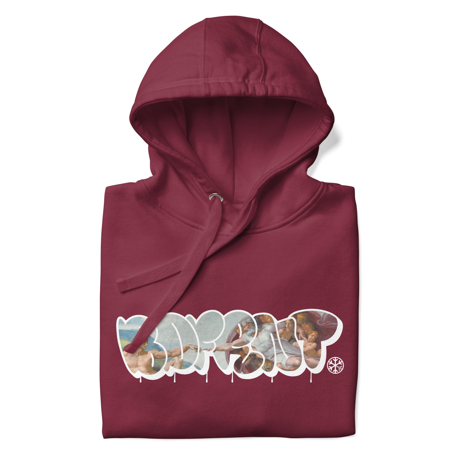 Maroon-BDFRNT Throwie x Creation of Adam Graffiti Hoodie from B.Different Clothing, folded, graffiti-inspired streetwear