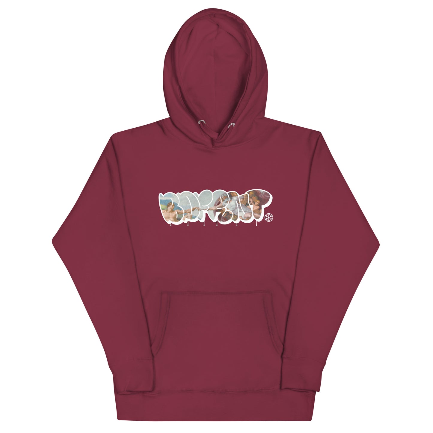 Maroon-BDFRNT Throwie x Creation of Adam Graffiti Hoodie from B.Different Clothing, front view, graffiti-inspired streetwear