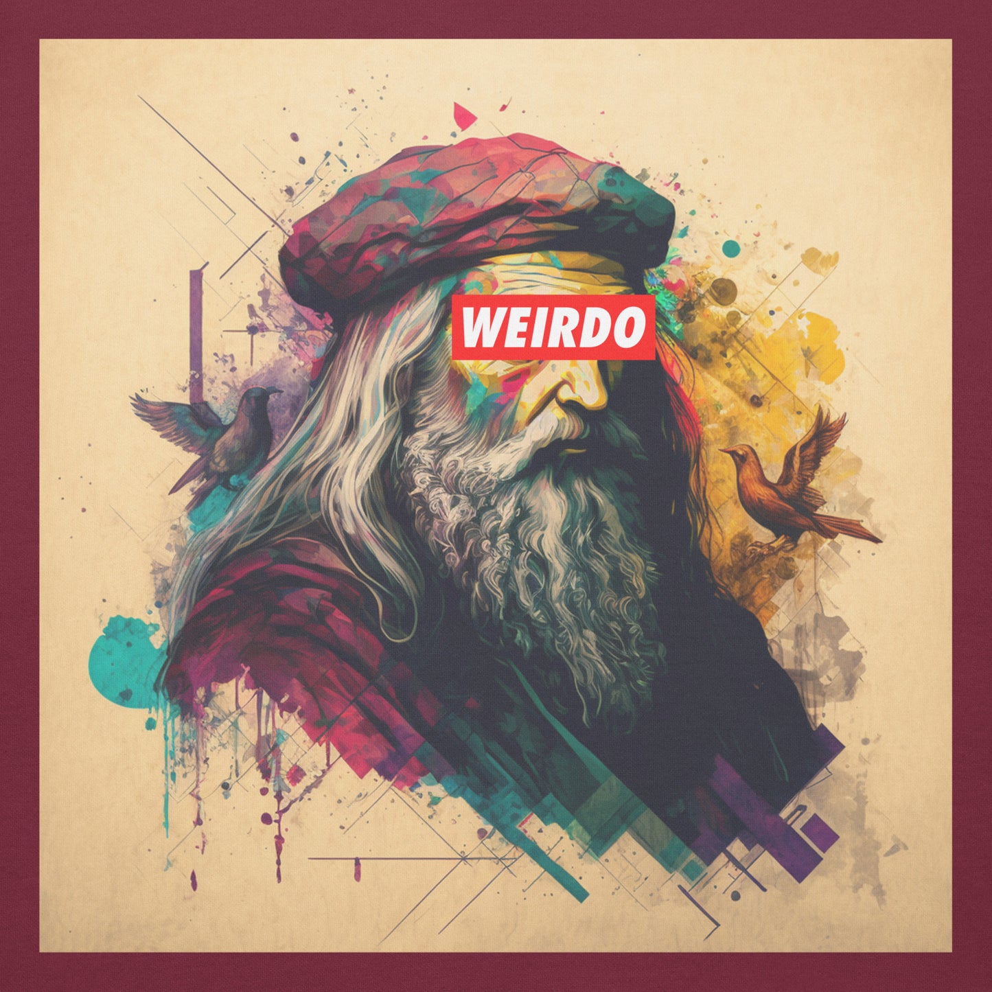 Maroon-Leonardo da Vinci Hoodie from B.Different Clothing, graphic, graffiti-inspired streetwear