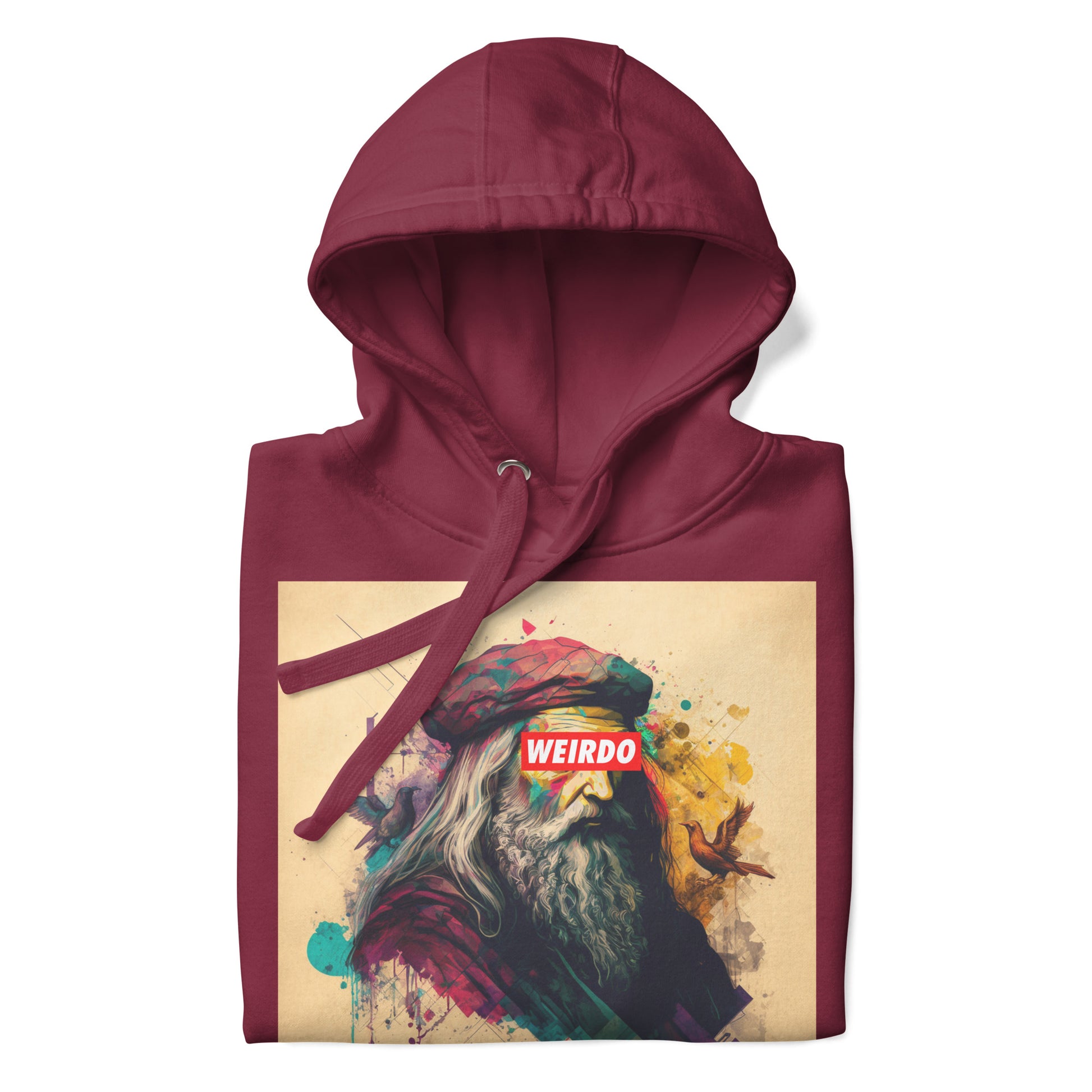 Maroon-Leonardo da Vinci Hoodie from B.Different Clothing, folded, graffiti-inspired streetwear