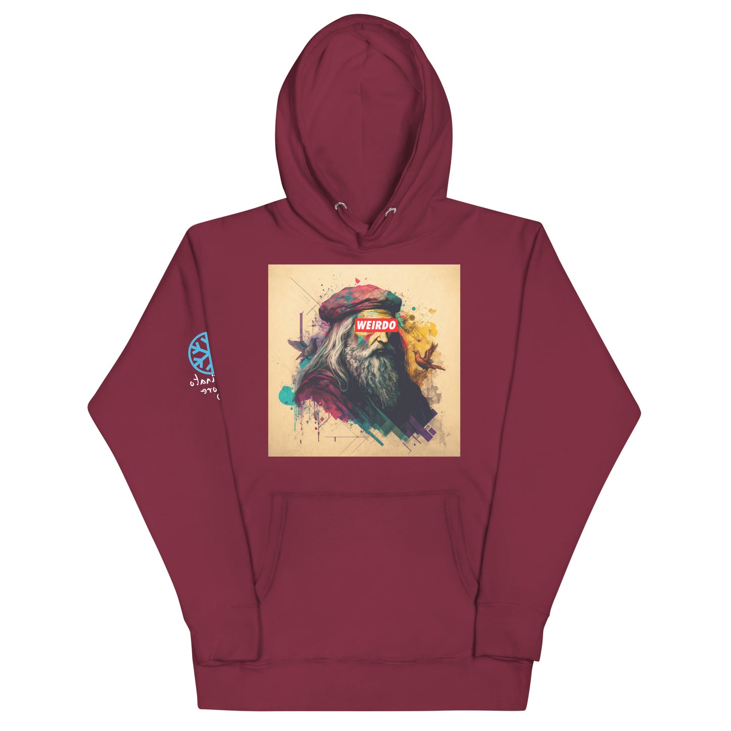 Maroon-Leonardo da Vinci Hoodie from B.Different Clothing, front view, graffiti-inspired streetwear