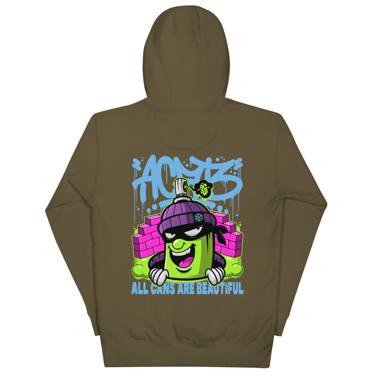 Green-ACAB Graffiti Character Hoodie from B.Different Clothing, back view, graffiti-inspired streetwear