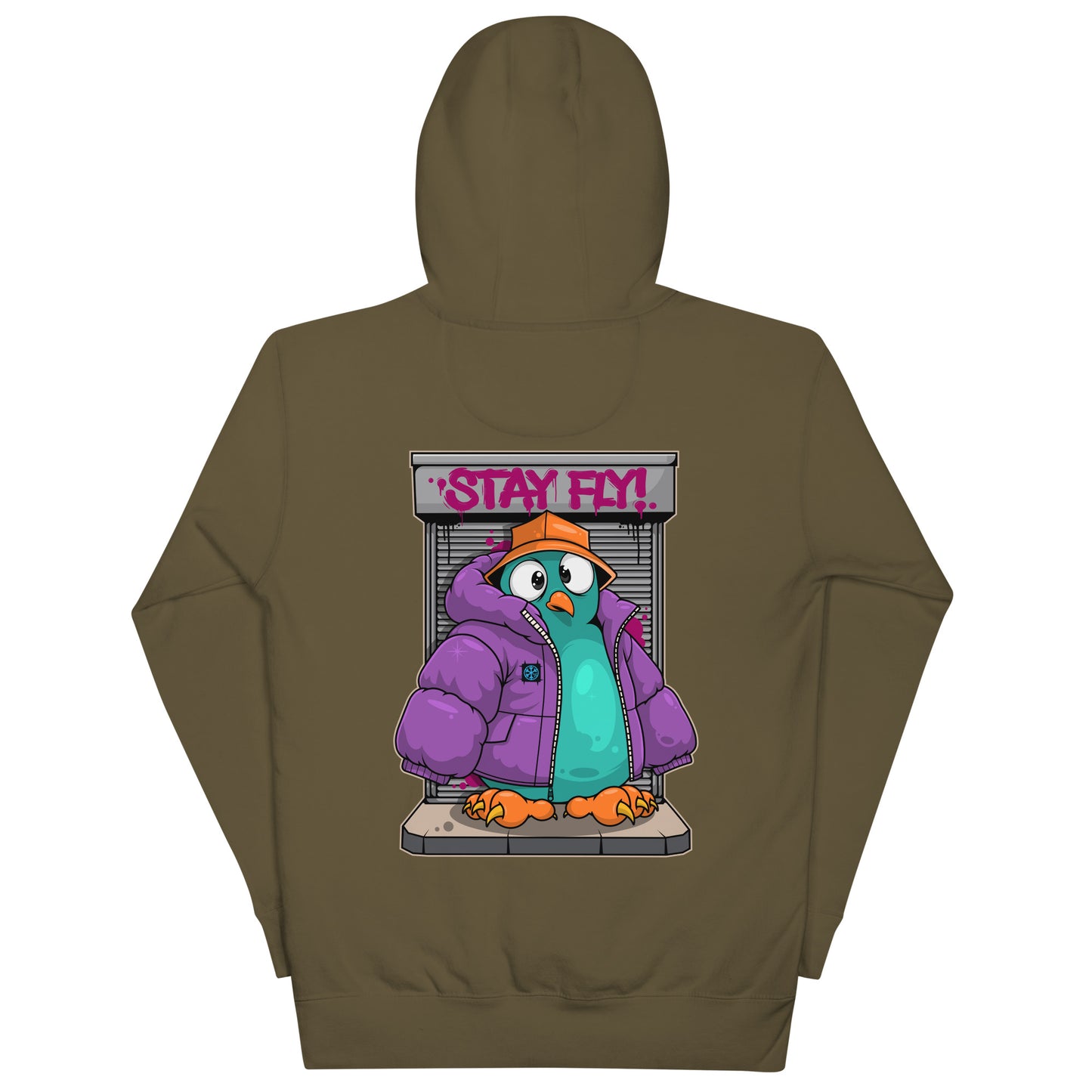 Green-Stay Fly Graffiti Character Hoodie from B.Different Clothing, back view, graffiti-inspired streetwear