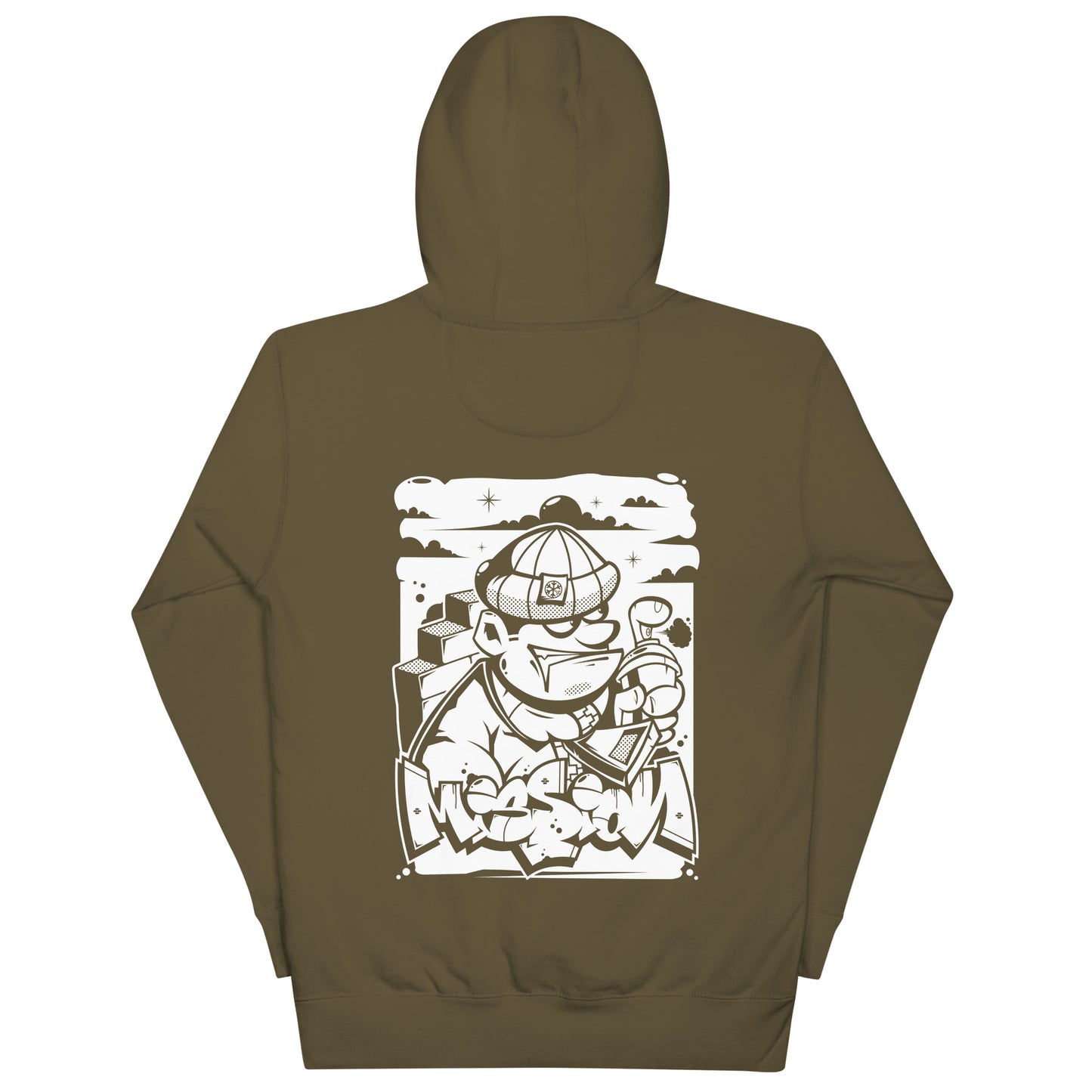 Green-Mission Graffiti Character Hoodie from B.Different Clothing, back view, graffiti-inspired streetwear