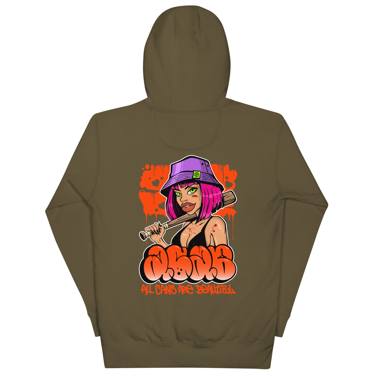 Green-ACAB Girl Graffiti Hoodie from B.Different Clothing, back view, graffiti-inspired streetwear