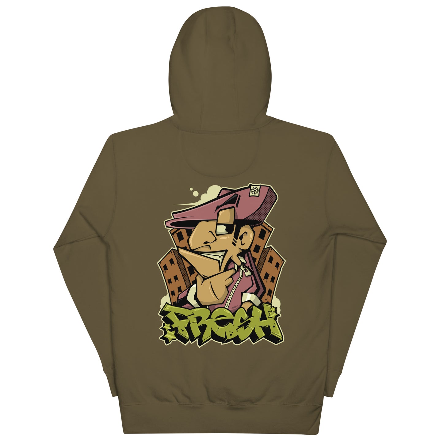 Green-Fresh Graffiti Character Hoodie from B.Different Clothing, back view, graffiti-inspired streetwear