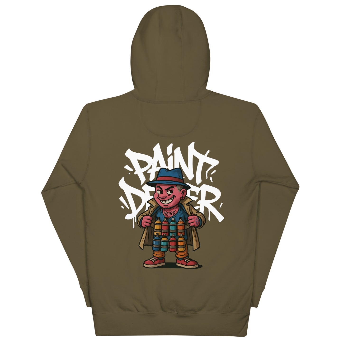 Green-Paint Dealer Graffiti Character Hoodie from B.Different Clothing, back view, graffiti-inspired streetwear