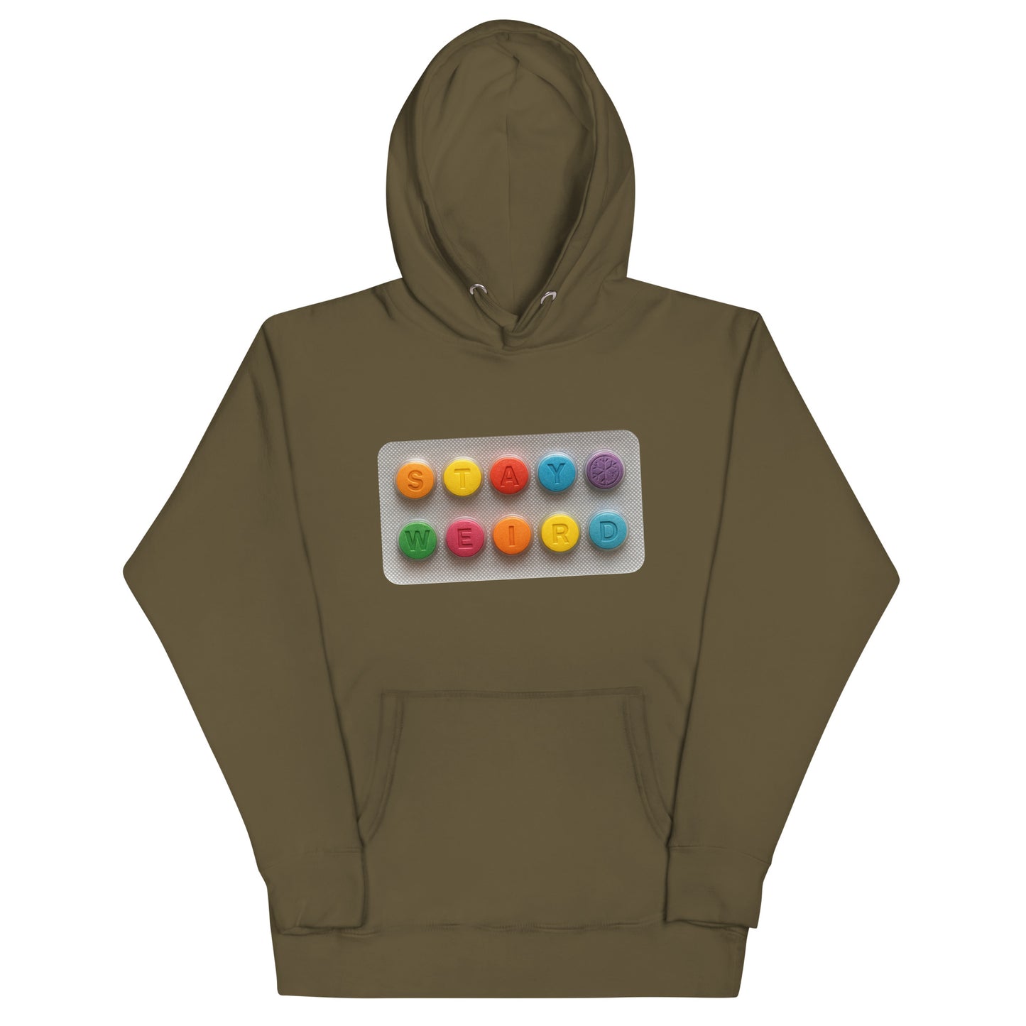 Green-Stay Weird Pills Hoodie from B.Different Clothing, front view, graffiti-inspired streetwear