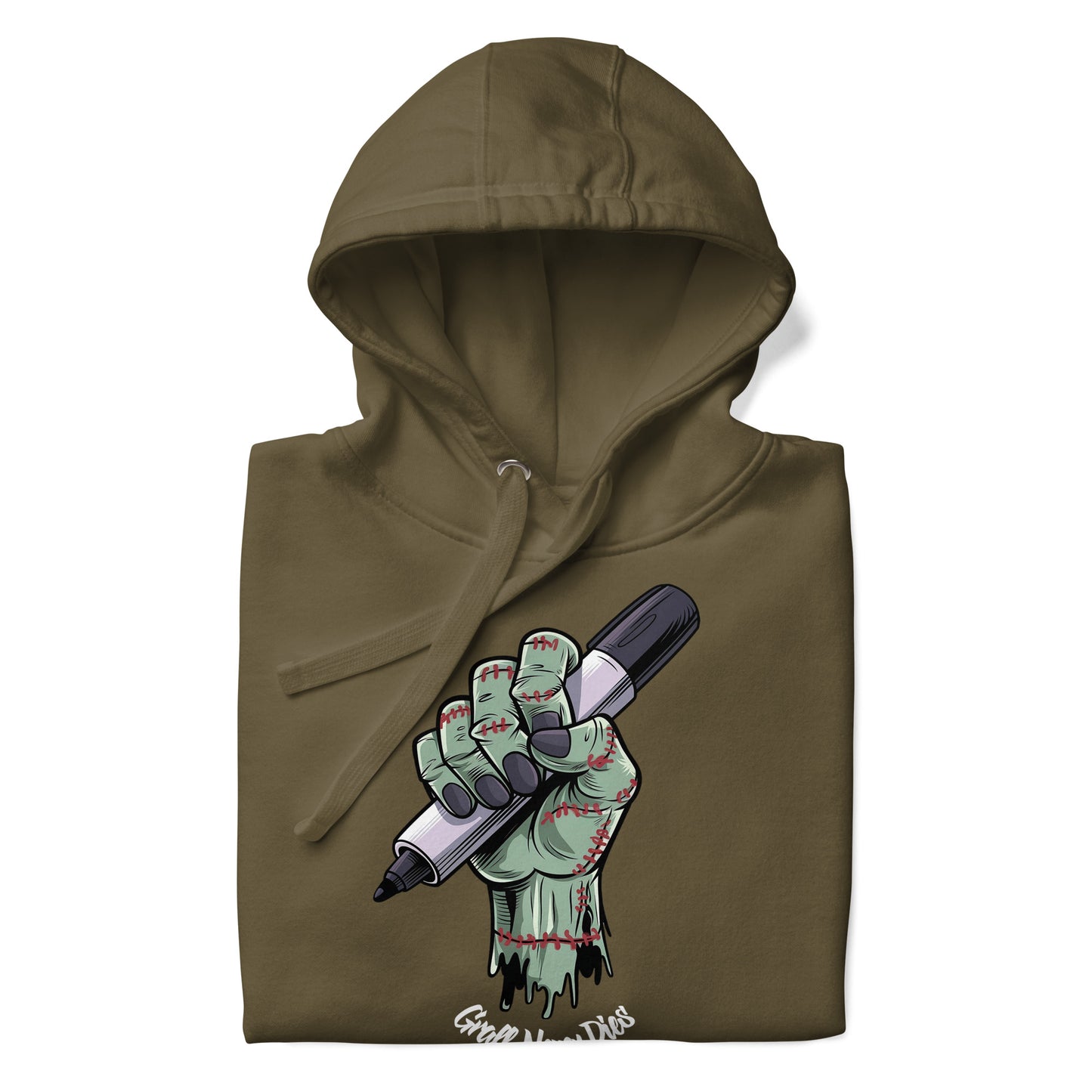 Green-Thing Graffiti Hoodie from B.Different Clothing, folded, graffiti-inspired streetwear