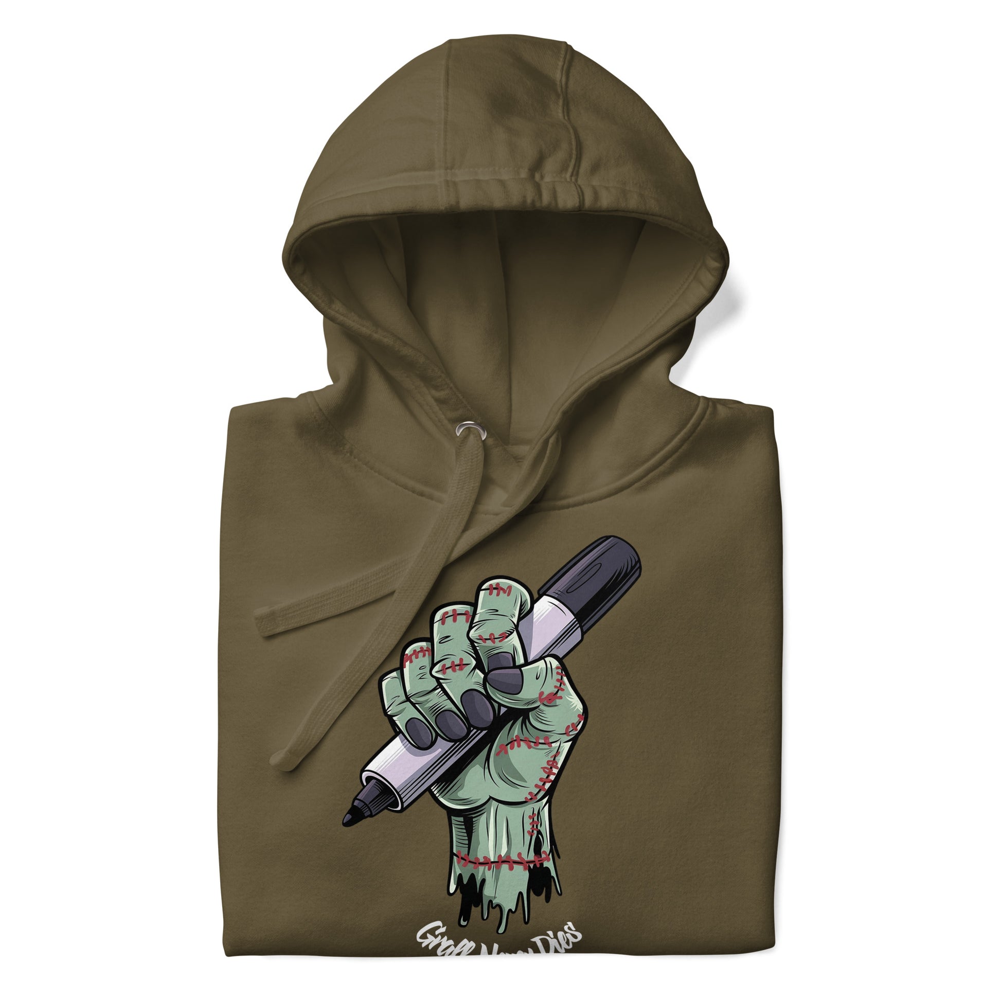 Green-Thing Graffiti Hoodie from B.Different Clothing, folded, graffiti-inspired streetwear