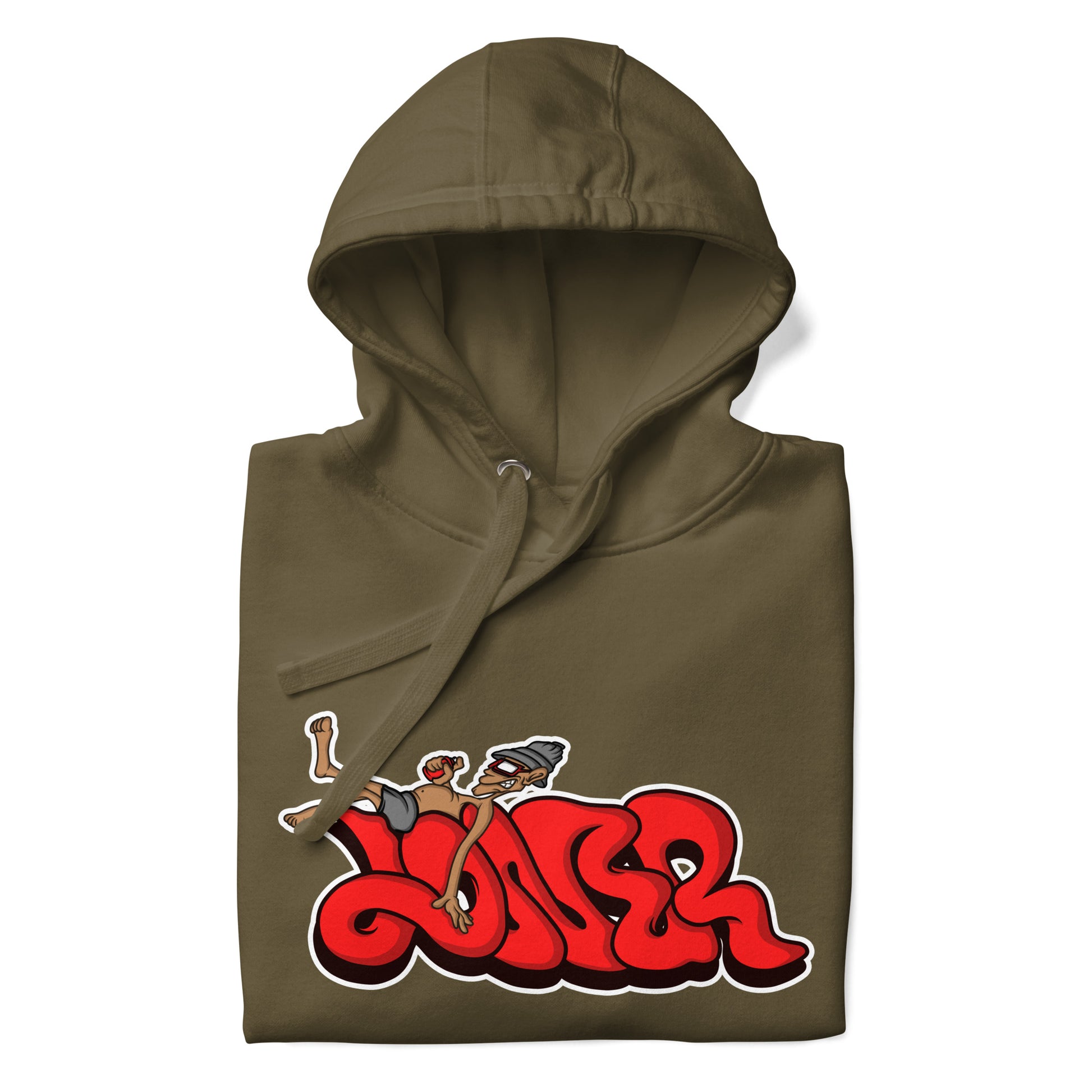 Green-Loner Graffiti Piece Hoodie from B.Different Clothing, folded, graffiti-inspired streetwear