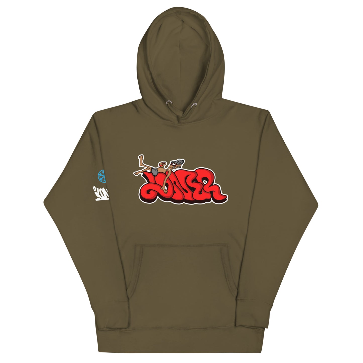 Green-Loner Graffiti Piece Hoodie from B.Different Clothing, front view, graffiti-inspired streetwear