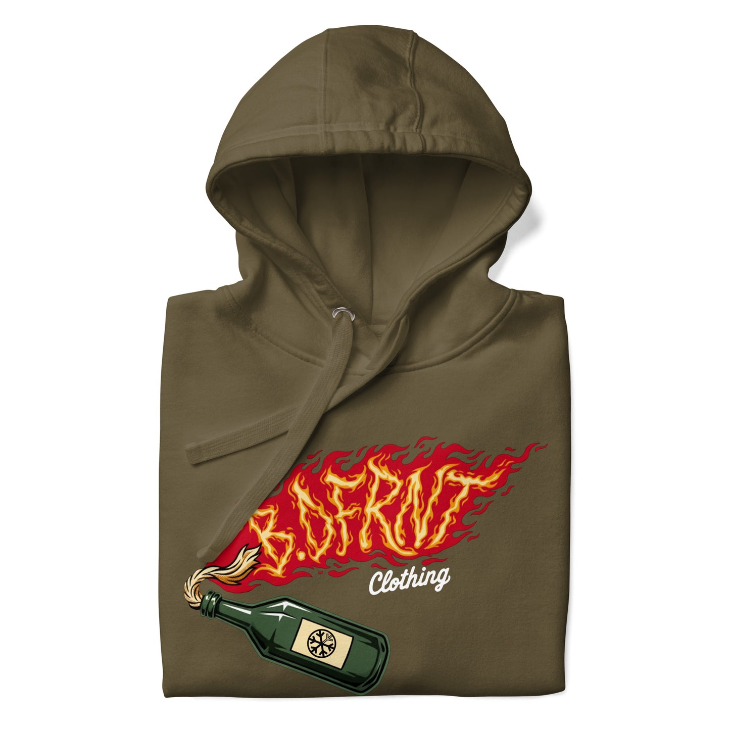 Green-Molotov Graffiti Hoodie from B.Different Clothing, folded, graffiti-inspired streetwear