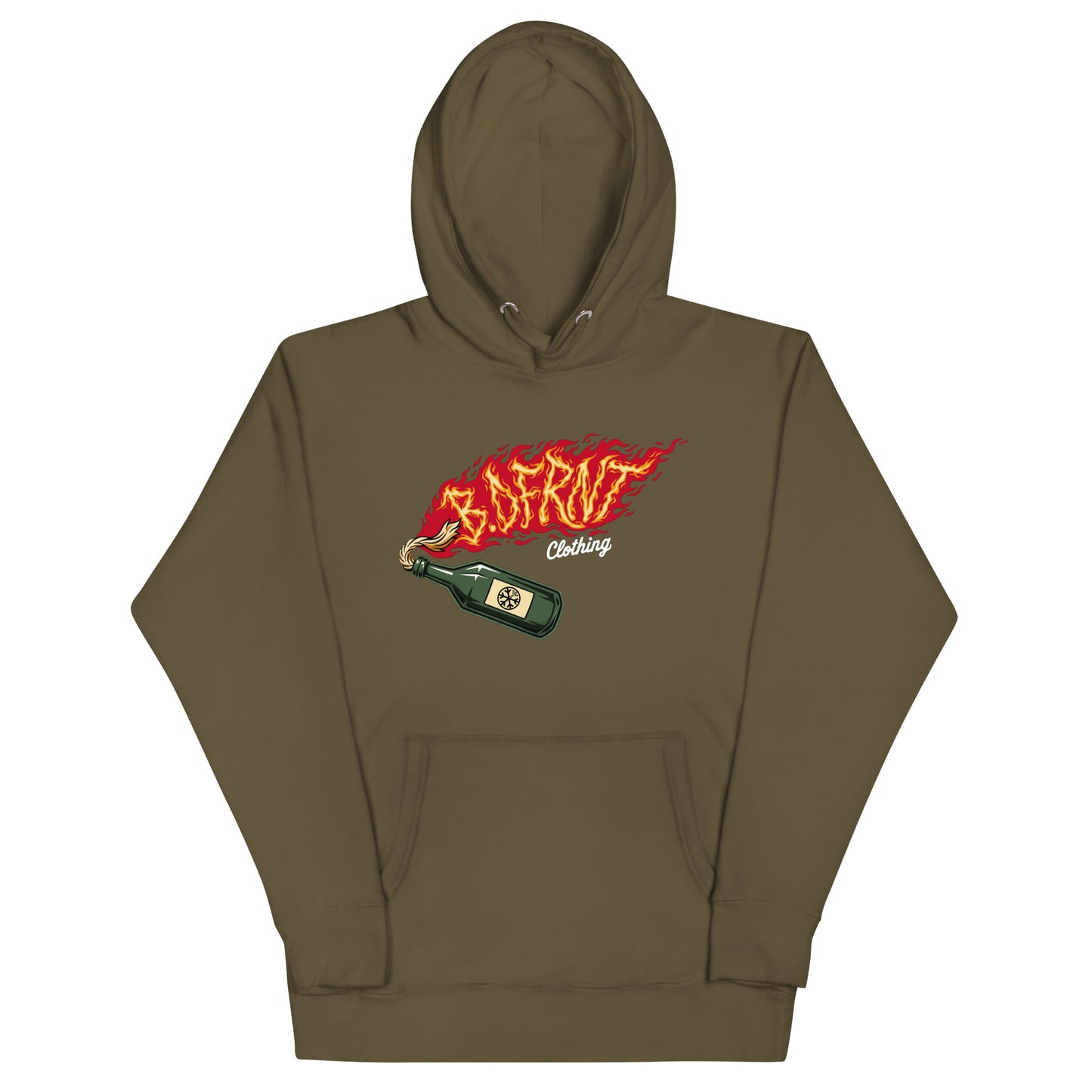 Green-Molotov Graffiti Hoodie from B.Different Clothing, front view, graffiti-inspired streetwear