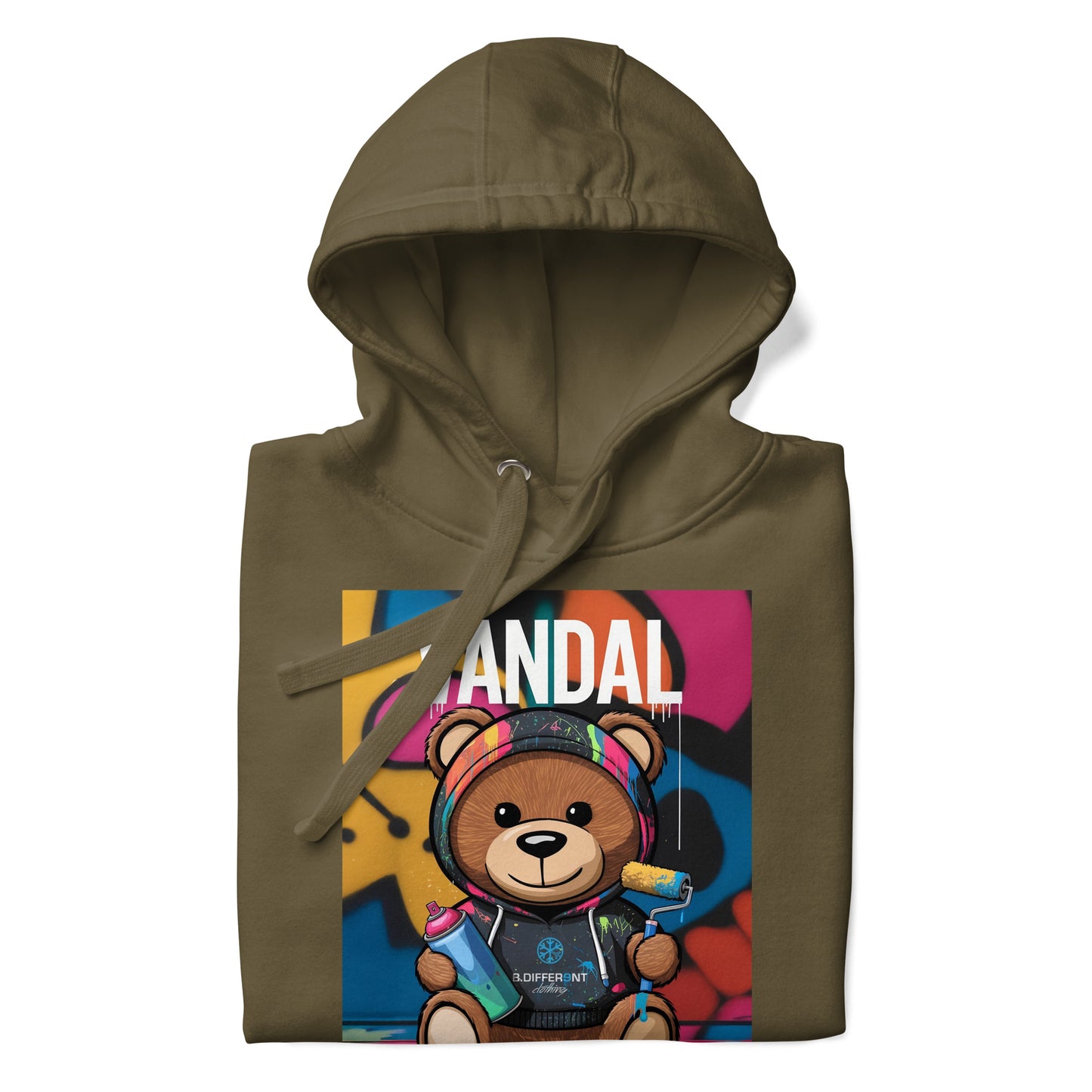 Green-Vandal Teddy Bear Graffiti Hoodie from B.Different Clothing, folded, graffiti-inspired streetwear