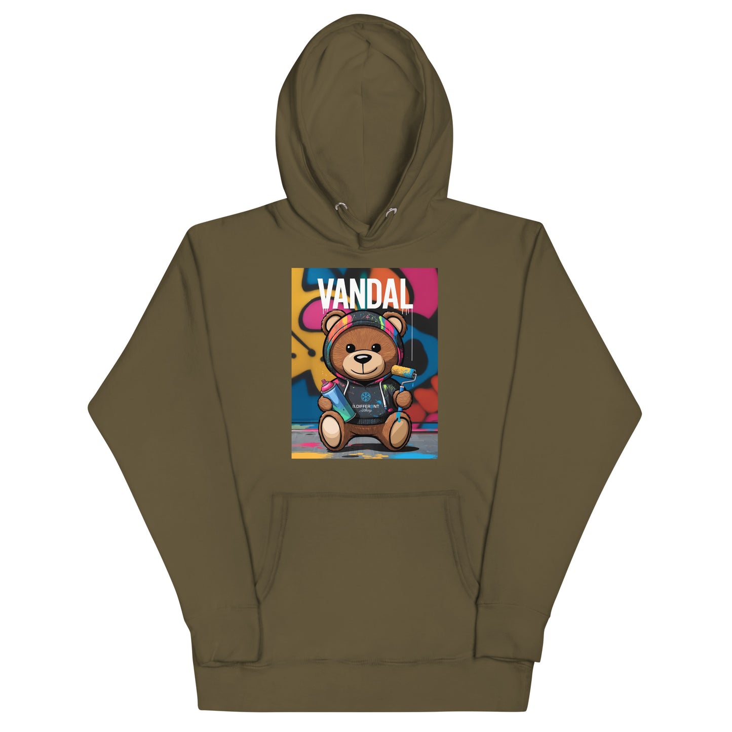 Green-Vandal Teddy Bear Graffiti Hoodie from B.Different Clothing, front view, graffiti-inspired streetwear