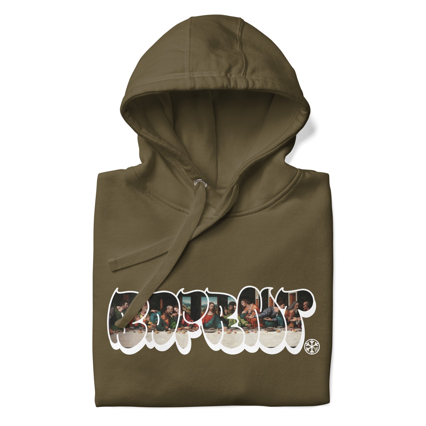 Green-BDFRNT Throwie x Last Supper Graffiti Hoodie from B.Different Clothing, folded, graffiti-inspired streetwear