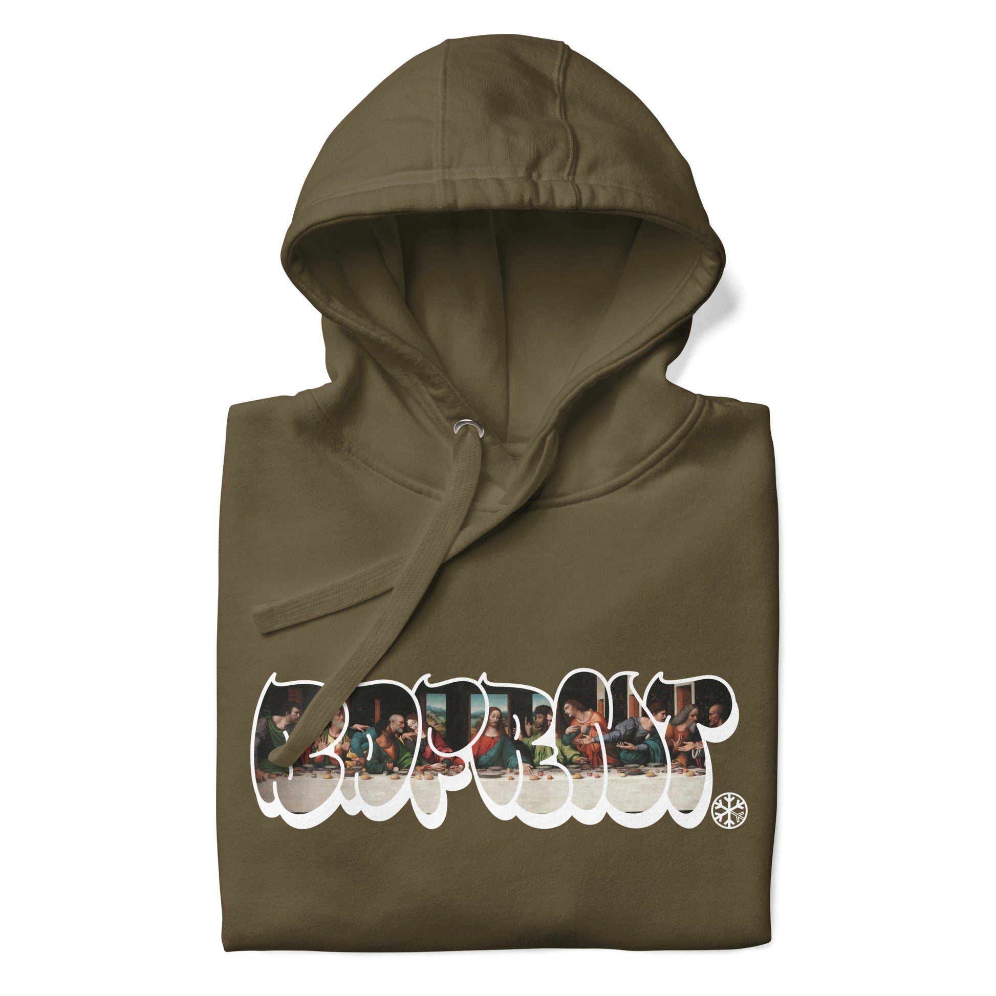 Green-BDFRNT Throwie x Last Supper Graffiti Hoodie from B.Different Clothing, folded, graffiti-inspired streetwear