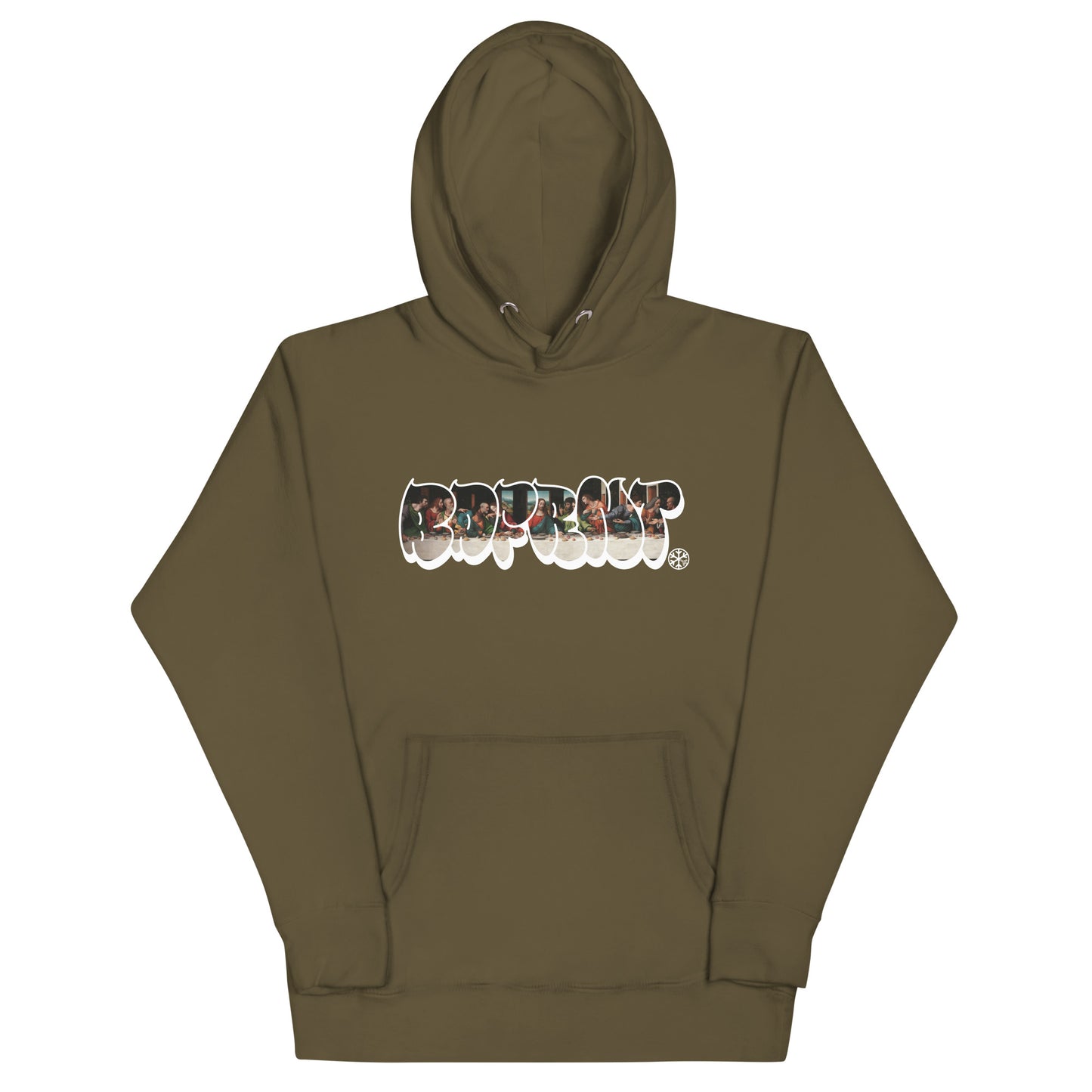 Green-BDFRNT Throwie x Last Supper Graffiti Hoodie from B.Different Clothing, front view, graffiti-inspired streetwear