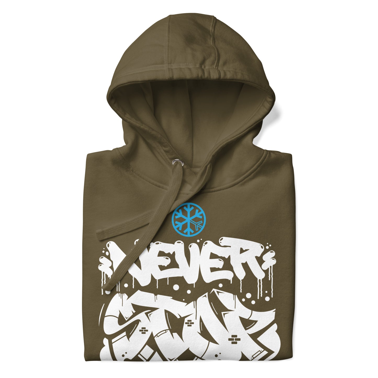 Green-Never Stop Graffiti Piece Hoodie from B.Different Clothing, folded, graffiti-inspired streetwear