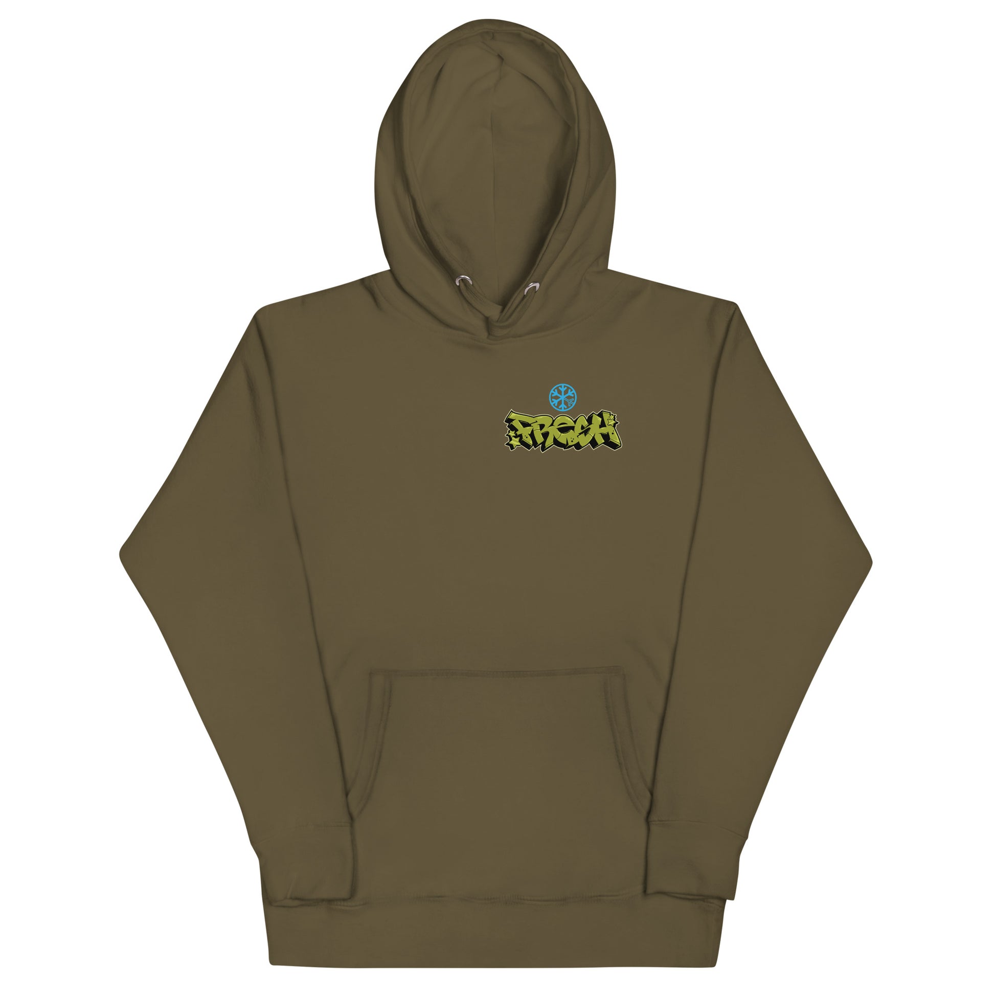 Green-Fresh Graffiti Character Hoodie from B.Different Clothing, front view, graffiti-inspired streetwear