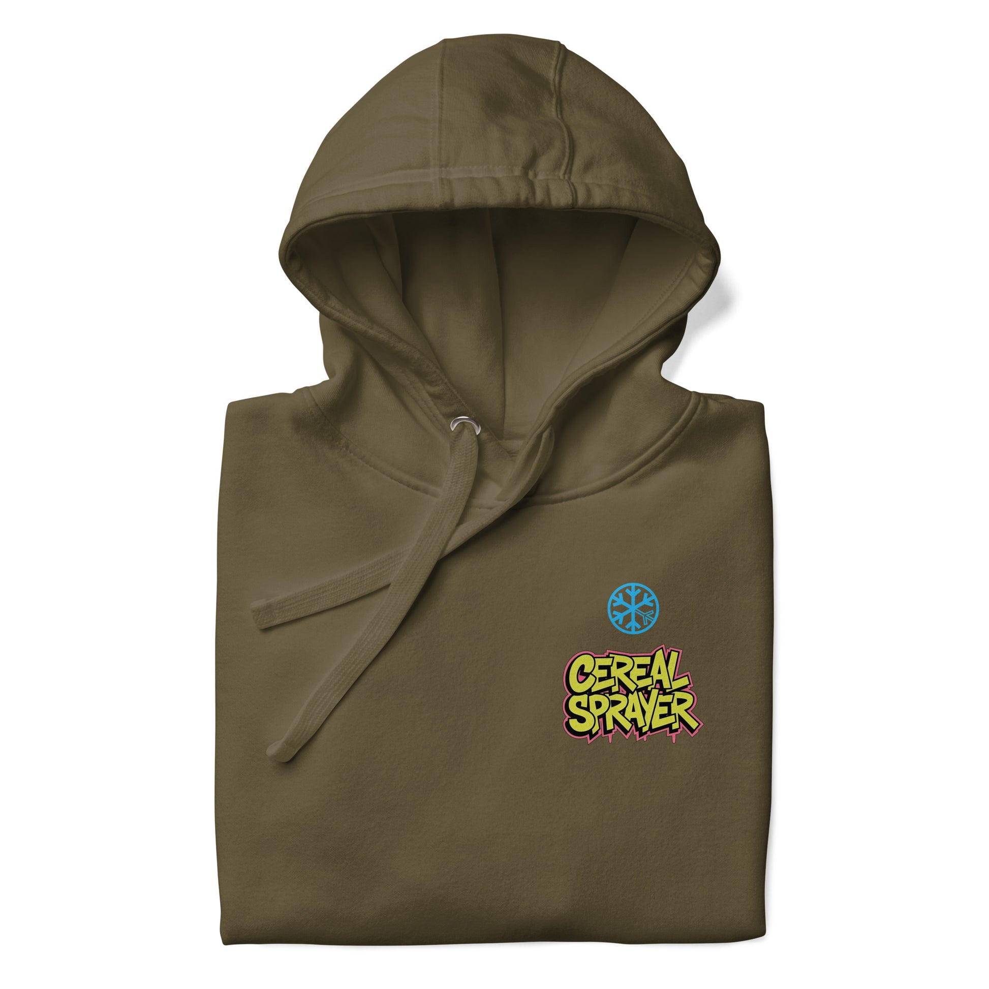 Green-Cereal Sprayer Graffiti Hoodie from B.Different Clothing, folded, graffiti-inspired streetwear