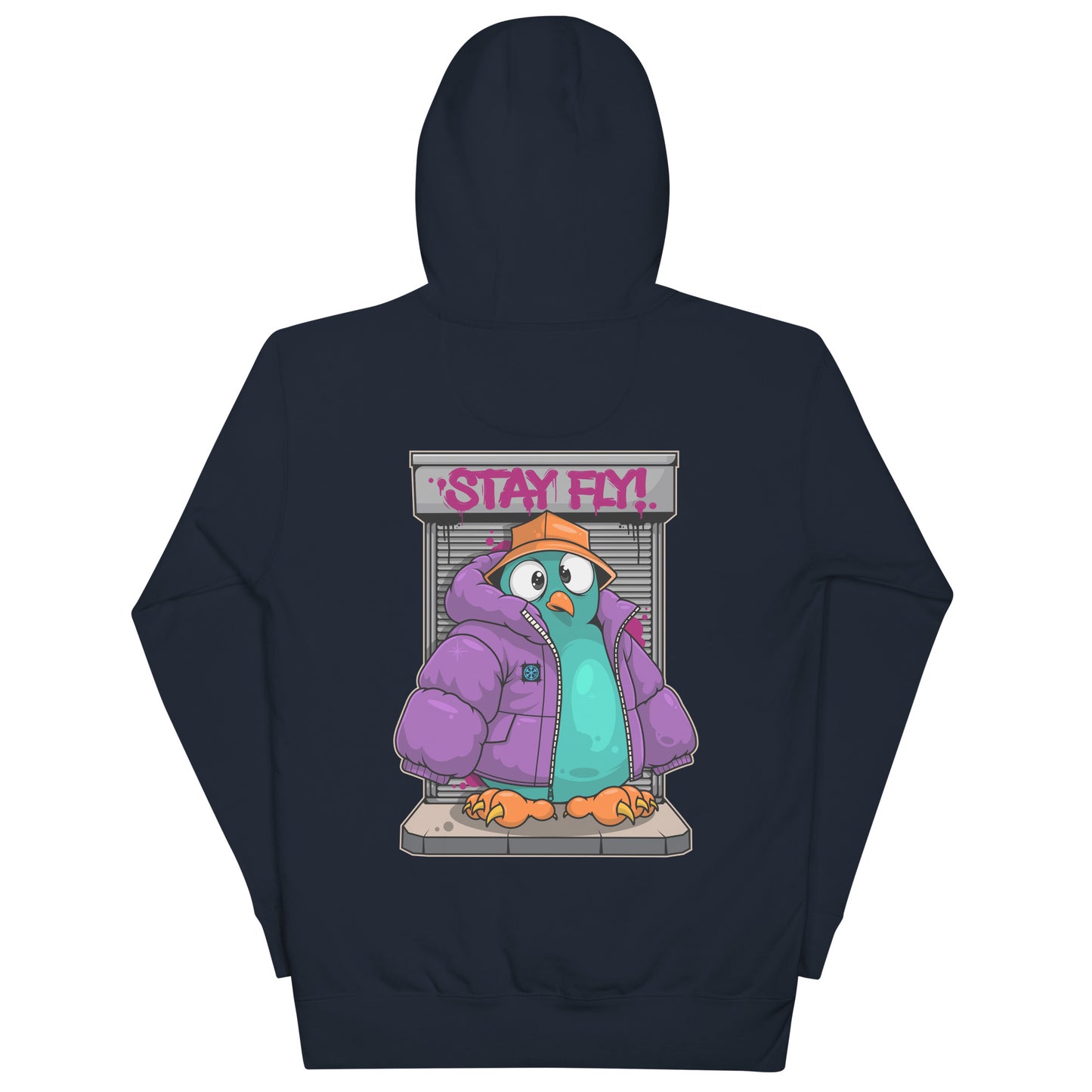 Navy-Stay Fly Graffiti Character Hoodie from B.Different Clothing, back view, graffiti-inspired streetwear