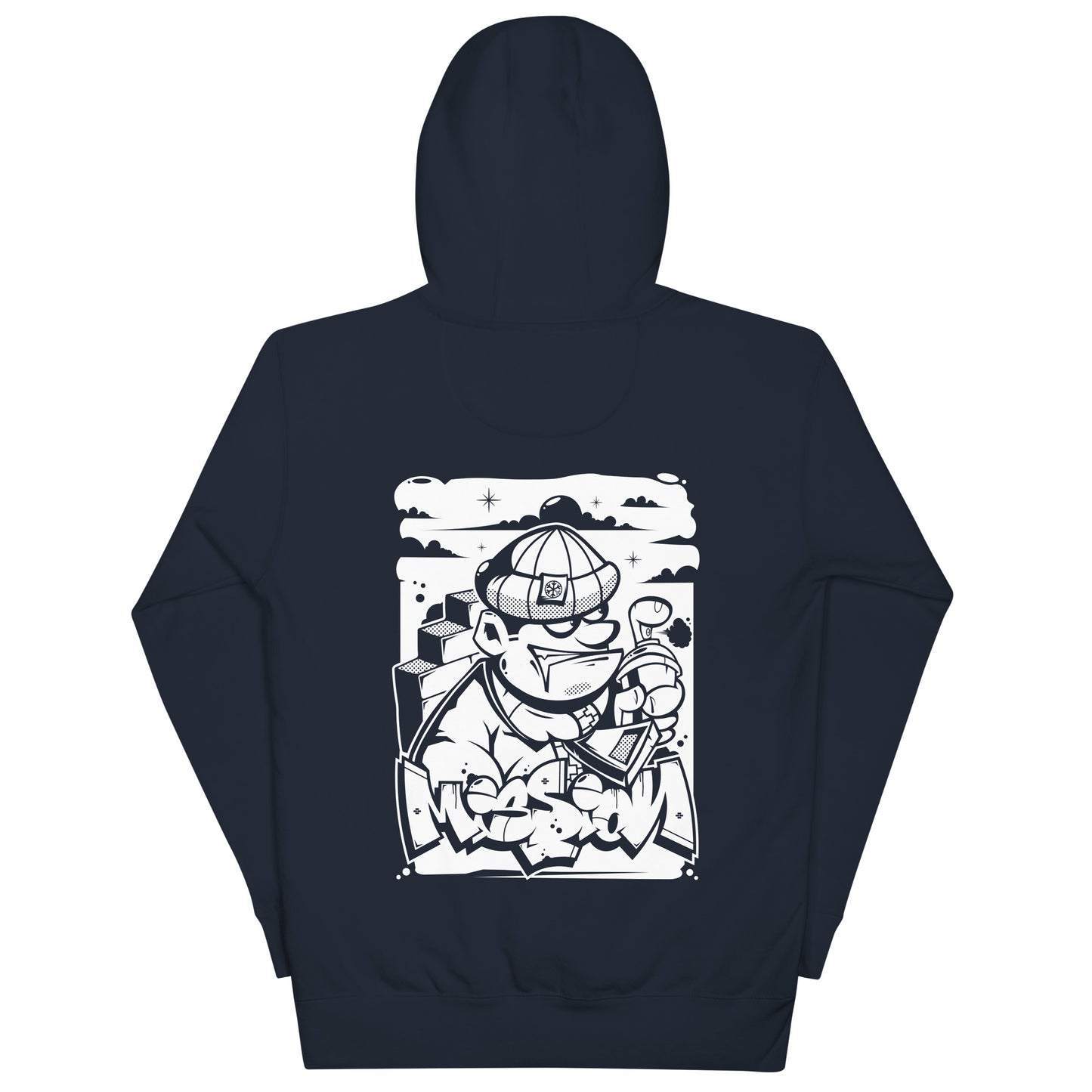 Navy-Mission Graffiti Character Hoodie from B.Different Clothing, back view, graffiti-inspired streetwear