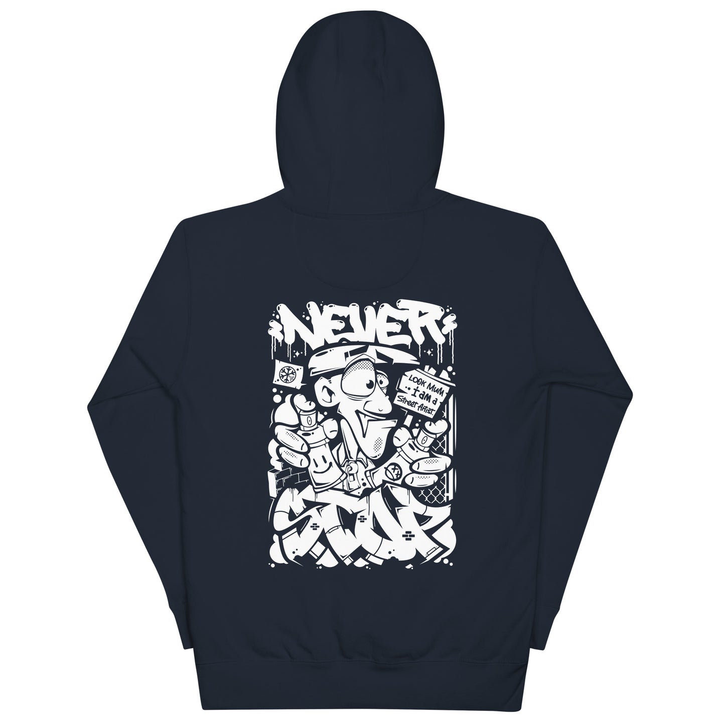 Navy-Never Stop Graffiti Character Hoodie from B.Different Clothing, back view, graffiti-inspired streetwear