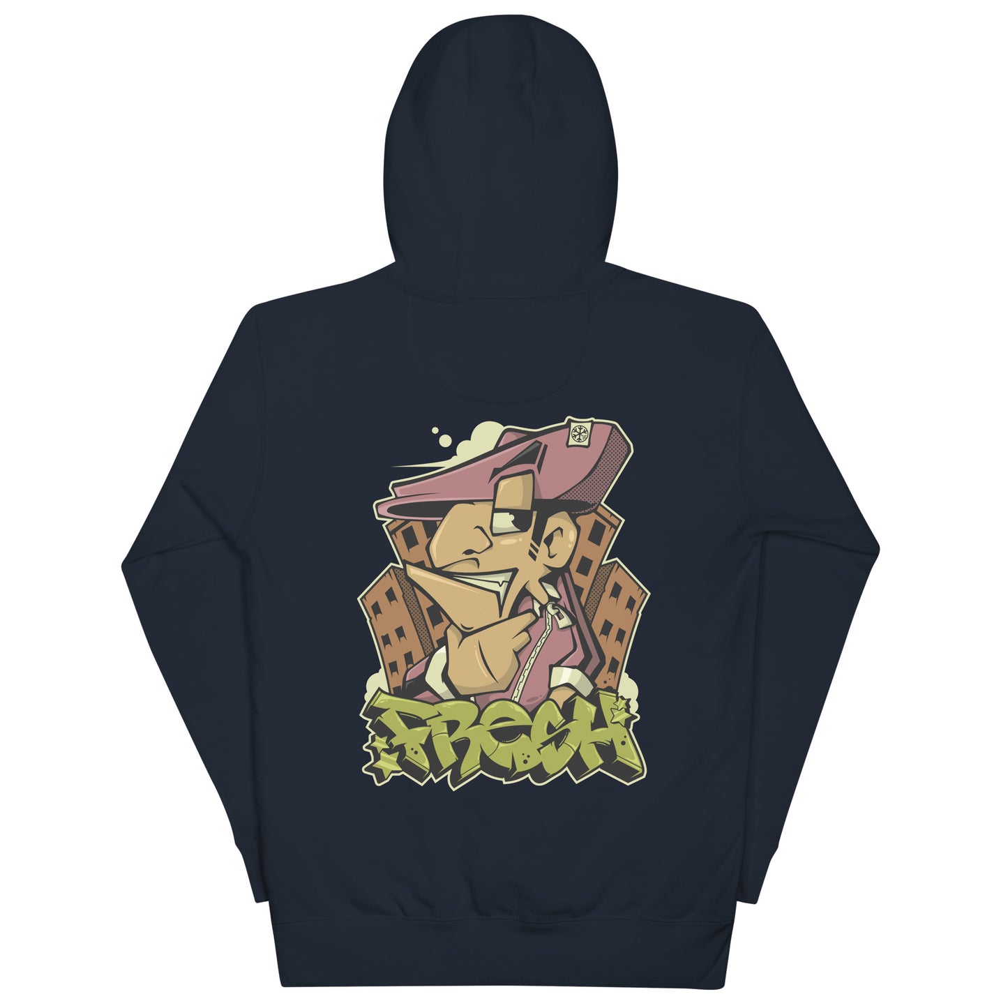 Navy-Fresh Graffiti Character Hoodie from B.Different Clothing, back view, graffiti-inspired streetwear