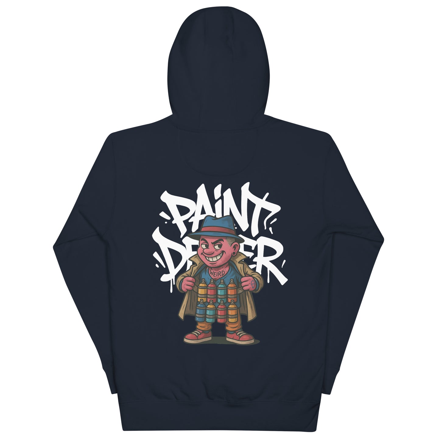 Navy-Paint Dealer Graffiti Character Hoodie from B.Different Clothing, back view, graffiti-inspired streetwear
